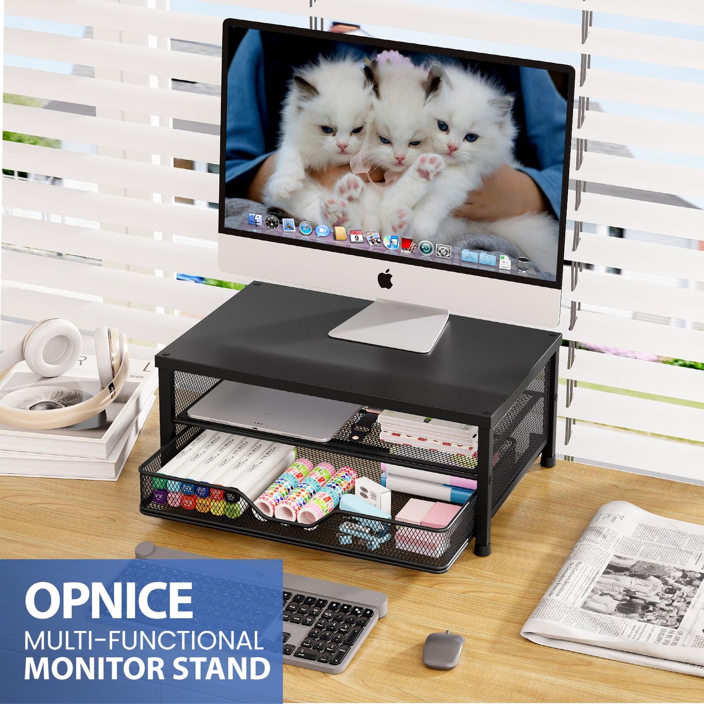 OPNICE Computer Monitor Stand Riser, Desk Organizer with Drawer, Printer & Laptop Stand, Office Desk Accessories & Workspace Desktop Organizers Storage for Office Supplies(Black)