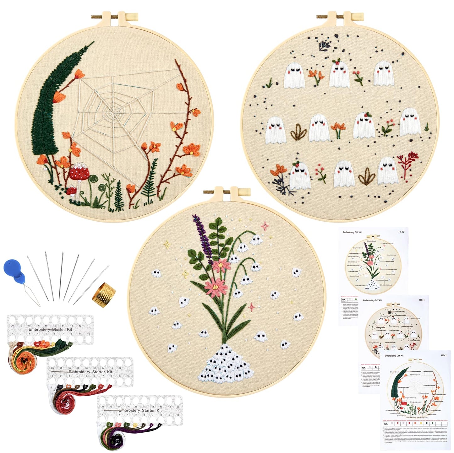 Crafmanoe Cute Ghost Embroidery Kit for Beginners Adults, Halloween Embroidery Starter Kits, Funny Counted Cross Stitch Kits for Beginner Adult Hobbies for Women, 3 Set Embroidery Hoop, Fabric, Thread