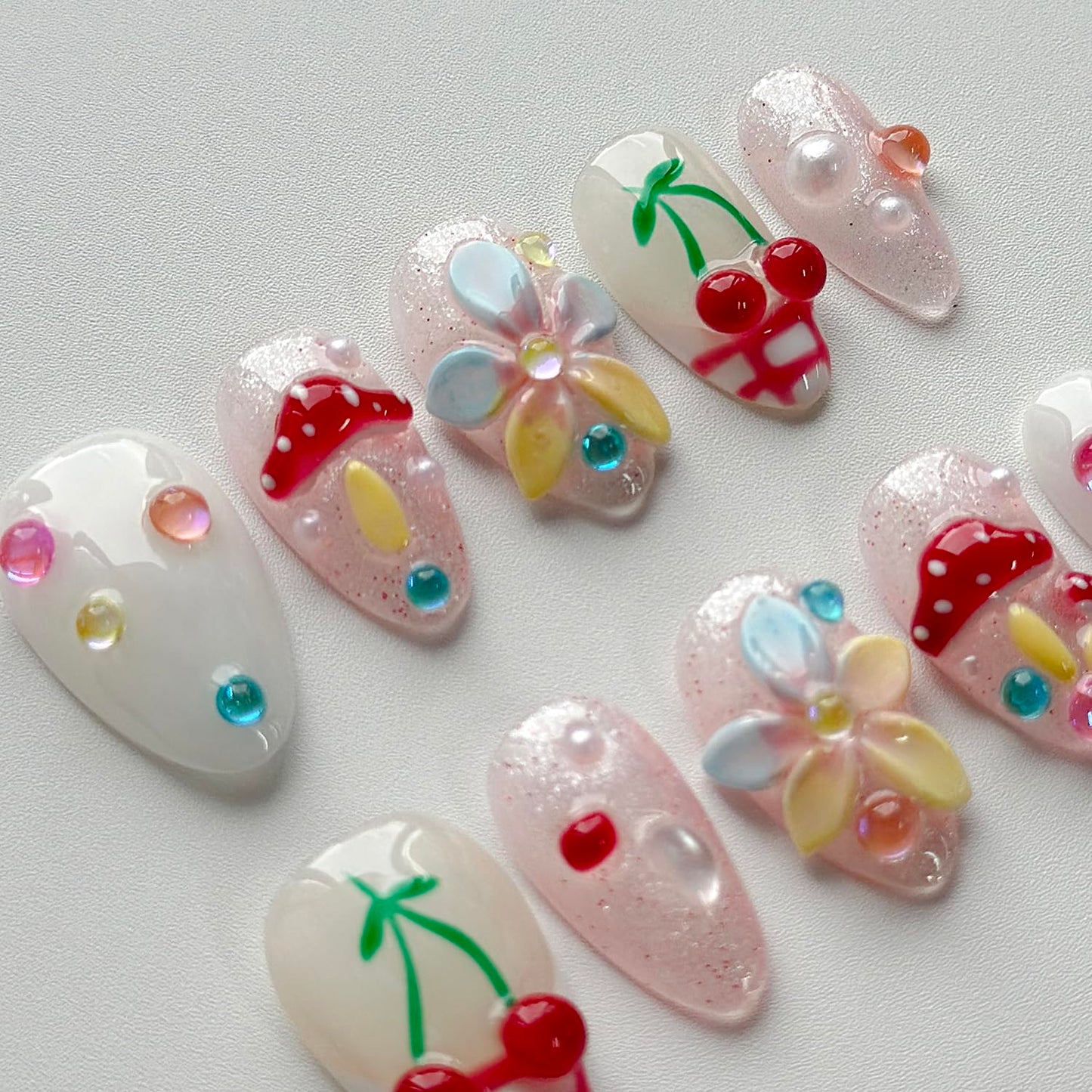 Luxury Press on Nails Short Almond Handmade 3D Unique Reusable ABS Material Fake Nails French Tip False Nails with Designs Mushroom Flower Glitter Glossy Glue on Nail Thick Acrylic Nail(S)