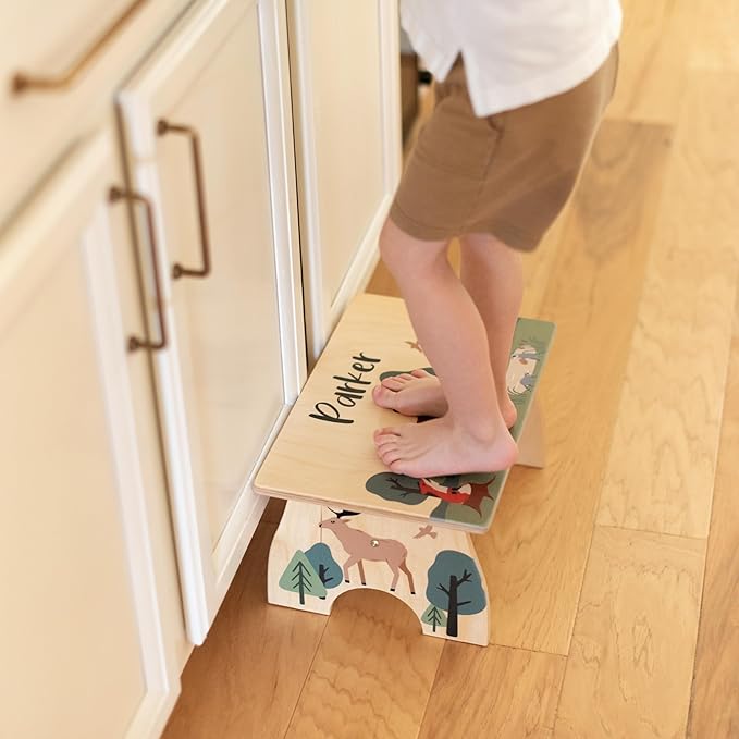 Woodland Step Stool for Toddlers- BloomOwl Personalized Wood Kids Step Stool with Name for Kitchen Sink, Bathroom, Potty Training, Toilet, Kitchen Sink- Sturdy and Safe, Mountains (Bear- Minimal)
