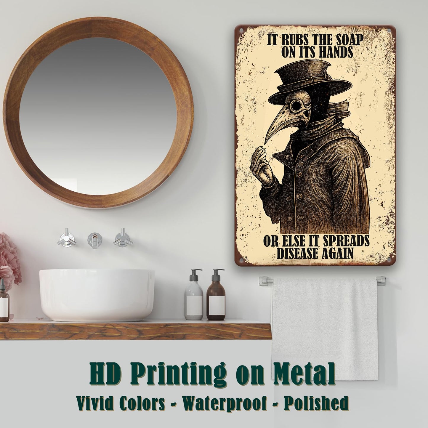 Gothic Bathroom Decor Retro Wall Art Signs, Funny Wash Your Hands Plague Bathroom Décor, Metal Tin Signs 8x12 Inch.