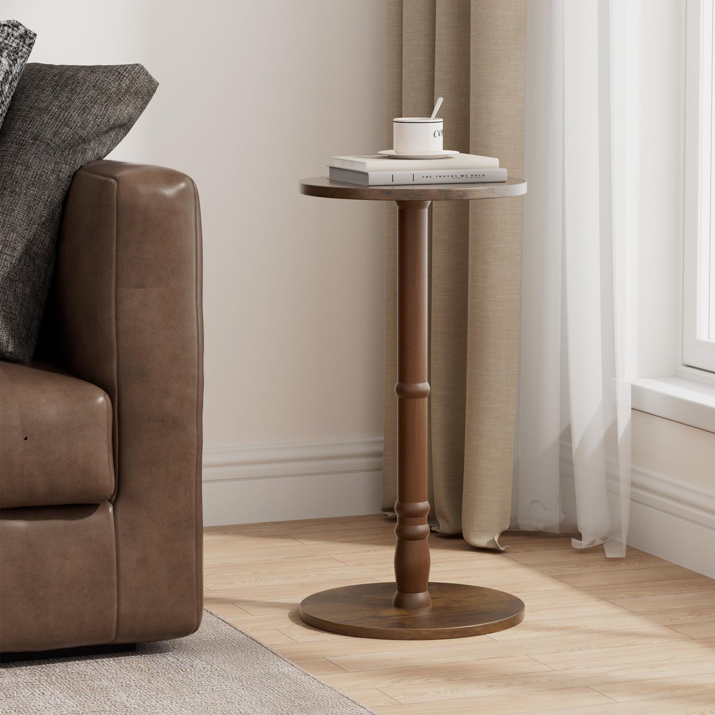 Homleke 12" Round Side Table, Solid Wood Pillar with Wood Top & Base, Small Drink Accent Table for Living Room, Bedroom, Sofa & Office, Easy Assembly, Rustic Brown
