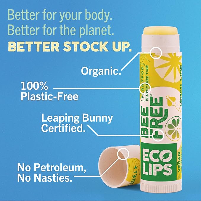 Eco Lips Bee Free Vegan Unscented 100% Natural Lip Balm - Soothe and Moisturize Dry, Cracked and Chapped Lips - 100% Plastic-Free Plant Pod Packaging - Made in USA (6 Tubes)