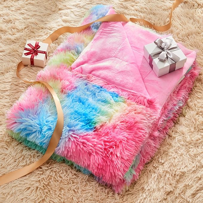 GONAAP Fuzzy Faux Fur Throw Blanket Twin Size Dark Rainbow Super Soft Cozy Plush Fuzzy Shaggy Blanket for Couch Sofa Bed (Dark Rainbow, Twin(60"x80"))