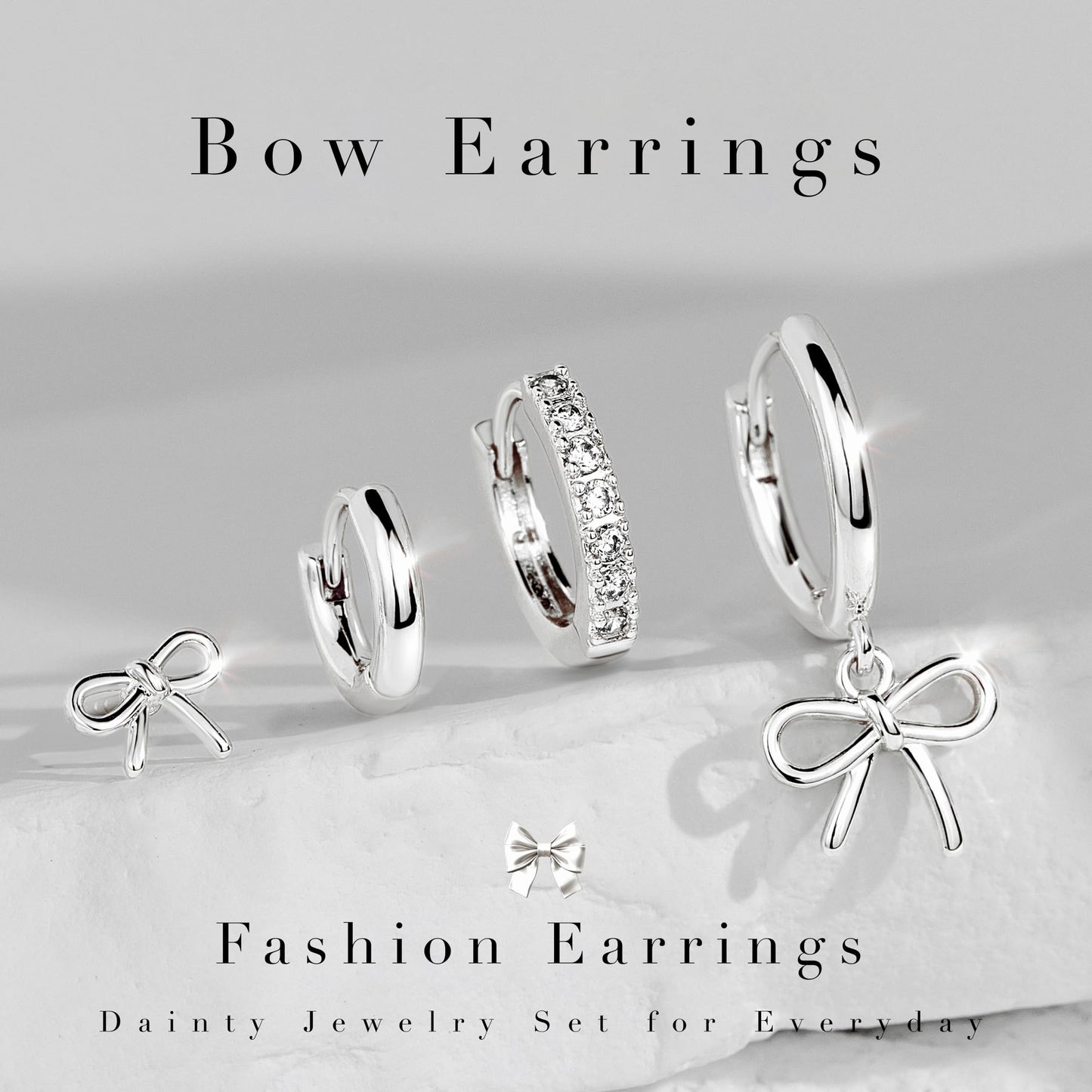 Silver Bow Earrings for Women,Huggie Small Stack Cartilage Stud Hoop Earring Sets for Multiple Double Piercing, Conch Helix Rook Tragus Daith Piercing Silver Clip On Jewelry Set Gifts