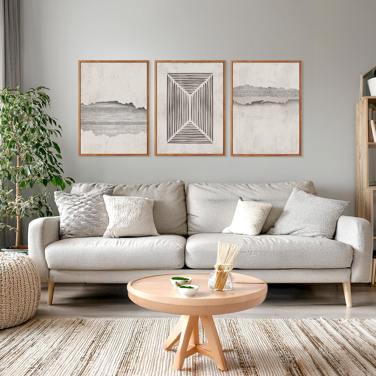 CHDITB Abstract Minimalist Framed Canvas Wall Art Set Of 3, Modern Mid Century Wall Decor, Geometric Line Textured Inspired Artwork, Neutral Art Print For Living Room Office Bedroom Decor (12X16 Inch)