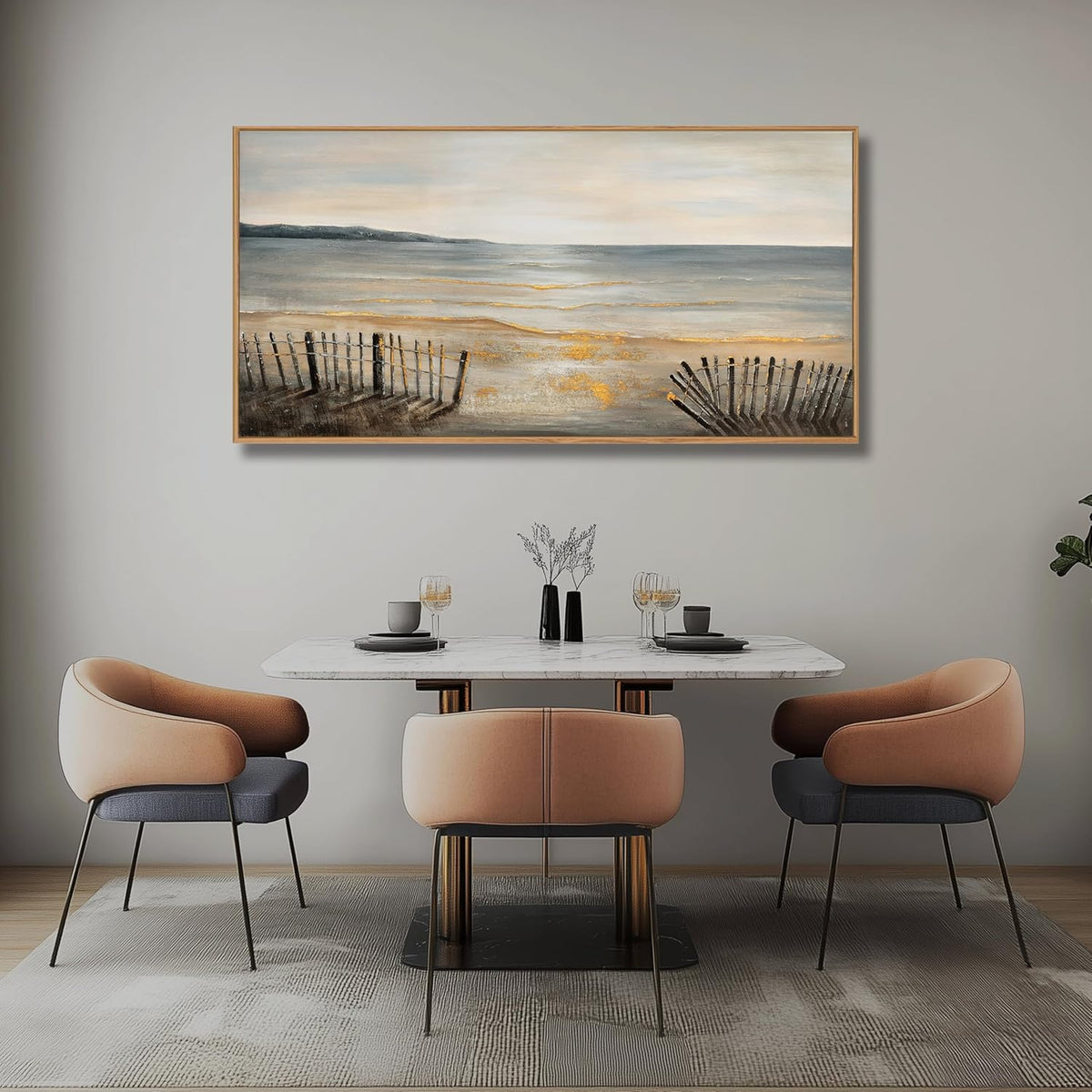 Yuaxker Large Ocean Wall Art Grey and Gold Wall Decor Framed Wall Hanging Wave Aesthetic Artwork for Living Room Bedroom Dining Room Office Home Decor 30x60 Inch