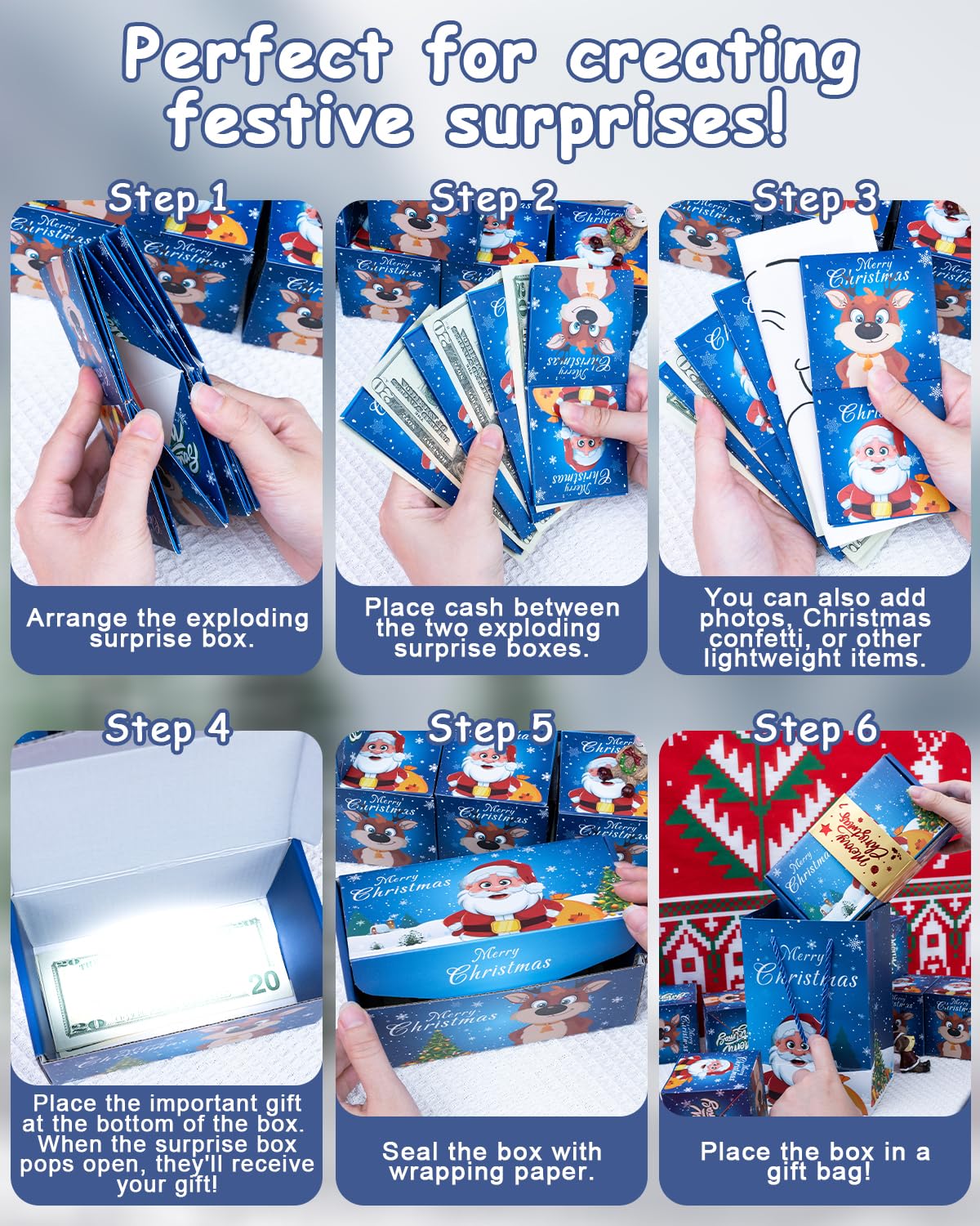 ASSRECT Exploding Gift Box - Christmas Surprise Box Pop Up with 12 Money Holders, Reusable Party Gift Box for Cash, Gifts, Xmas, Birthday, Party Supplies (Blue)