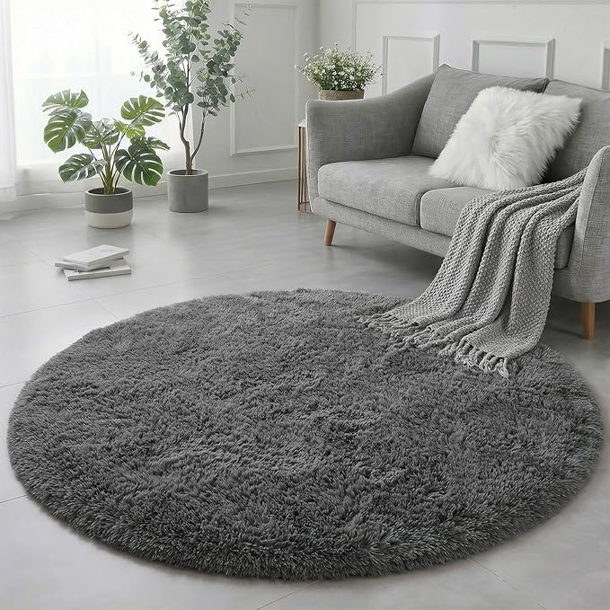 Grey Round Rugs 4Ft for Living Room Bedroom, Fluffy Fuzzy Shag Shaggy Circle Area Rug for Kids Room Home Office Decor Aesthetic, Furry Soft Plush Indoor Floor Gray Carpet for Baby Nursery Preppy Dorm