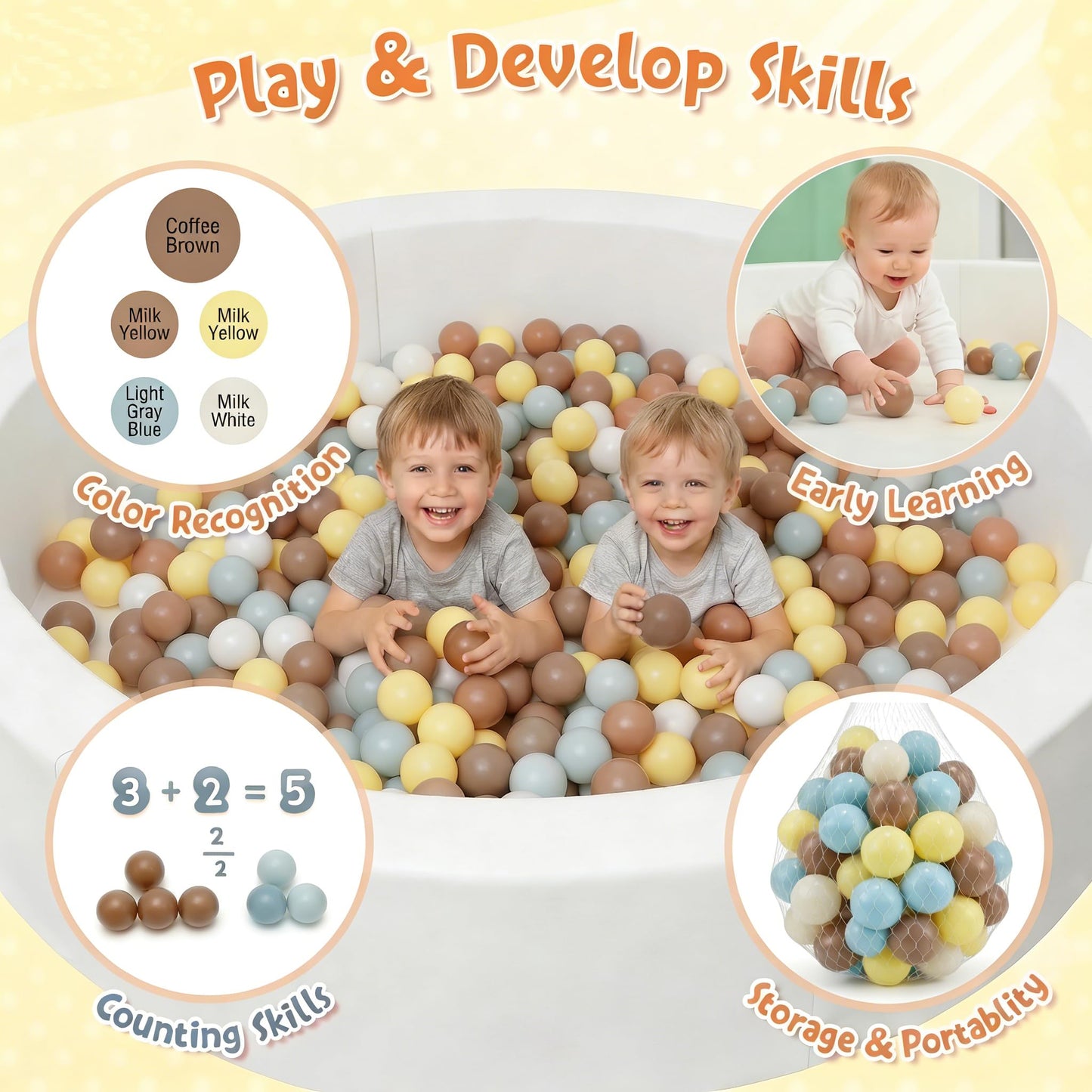 Glispaire 100 PCS Ball Pit Balls, 2.15", Milk White/Milk Yellow/Light Grayish Blue/Coffee, Phthalate/BPA-Free, Non-Toxic Crush-Proof Sensory Balls for Kids