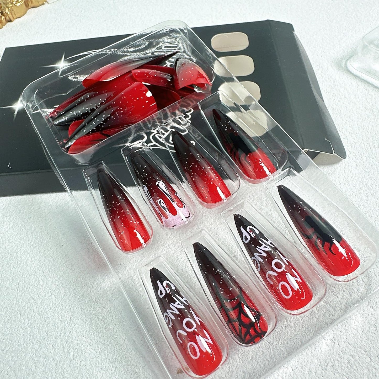 24 Pcs Halloween Press on Nails Long Almond Fake Nails with Blood Drop Designs Spider Web Glue on Nail Scary Spider Acrylic Nail Black Red Gradient False Nail Full Cover Stick on Nails for Women