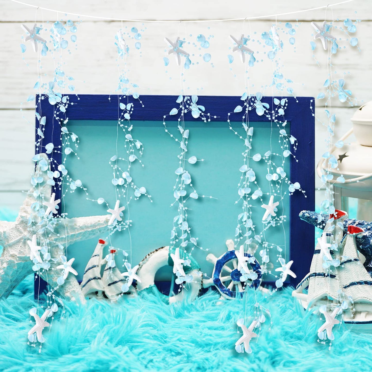16 ft Ocean Themed Garland Ocean Beaded Starfish Shell Decor Coastal Beaded Beach Garland for Mantle Fireplace Summer Wedding Home Decor Supply(Blue)