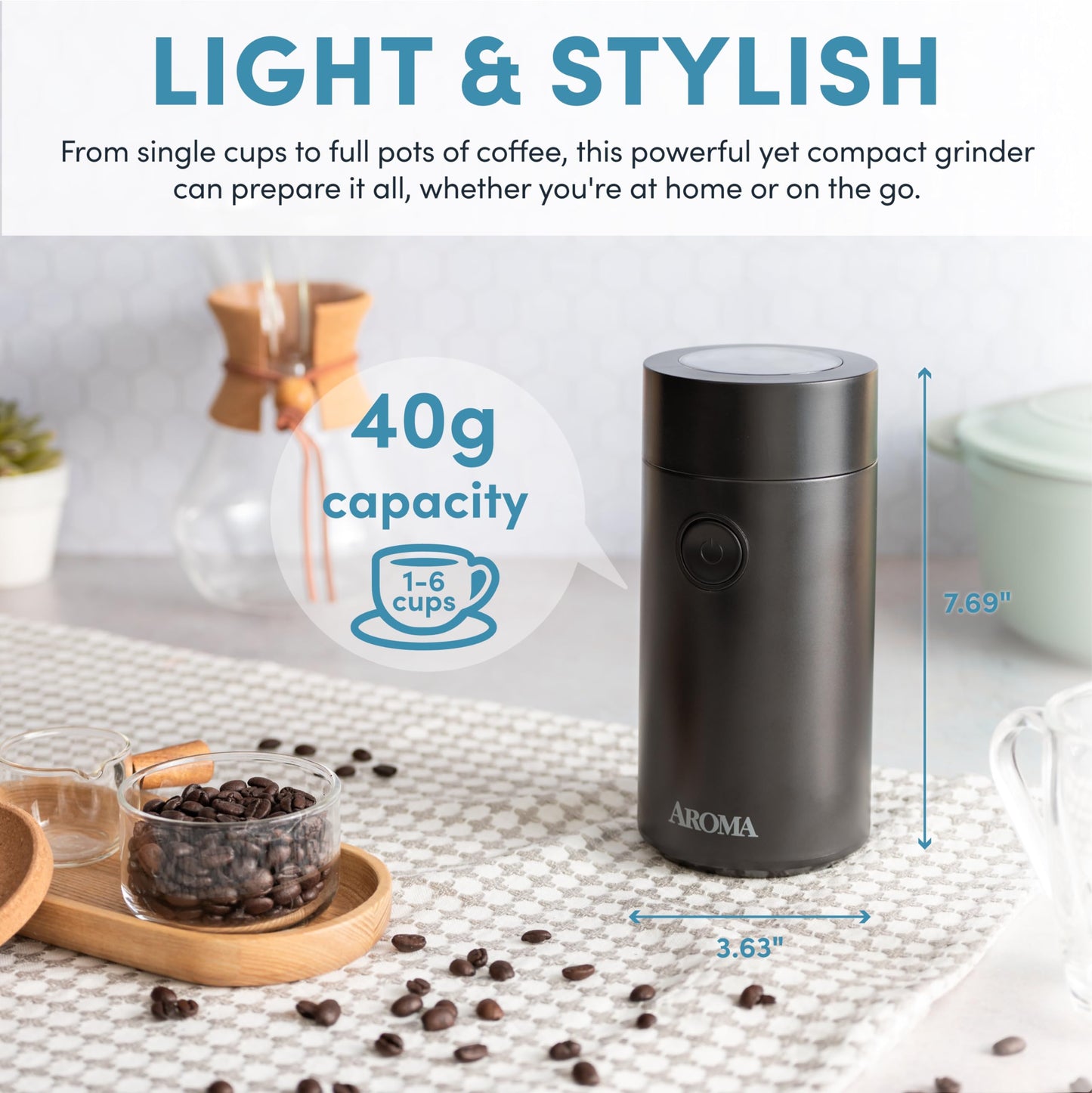 Aroma Housewares Mini Coffee Grinder and Electric Herb Grinder with 304 Stainless Steel Grinding Blades and a Premium Clear Lid (40 g.)
