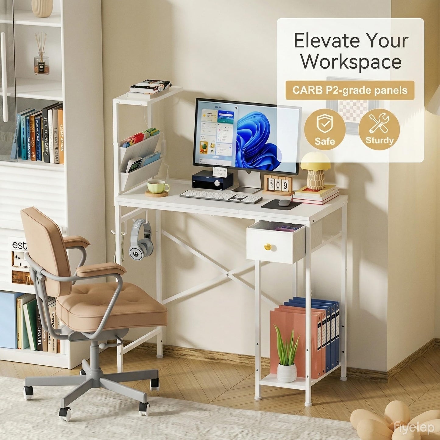 Jakyitvi 33.7" Computer Desk with Power Outlets, LED Lights & Drawer, Small Office Desk with Storage Bag & Hooks, Gaming Desk for Bedrooms or Home Office, Compact Study Desk for Small Spaces，White