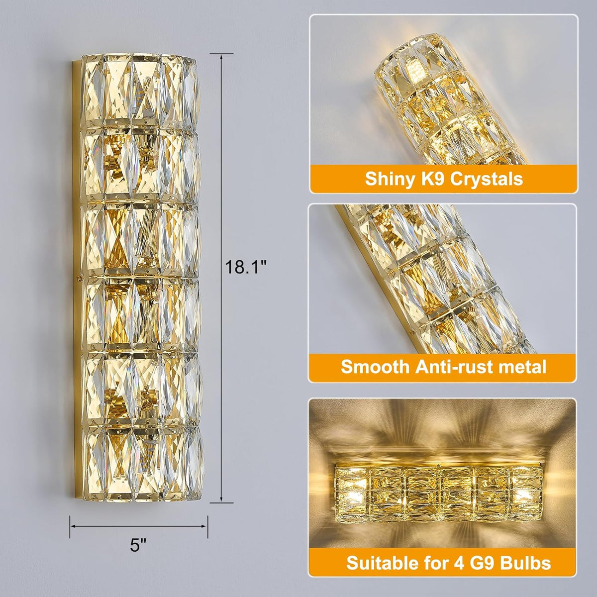 6 Layer Gold Crystal Wall Sconce, Modern Wall Lamp Light Fixture for Bathroom Vanity, Stairway, Kitchen, Living Room, Bedroom, Hallway