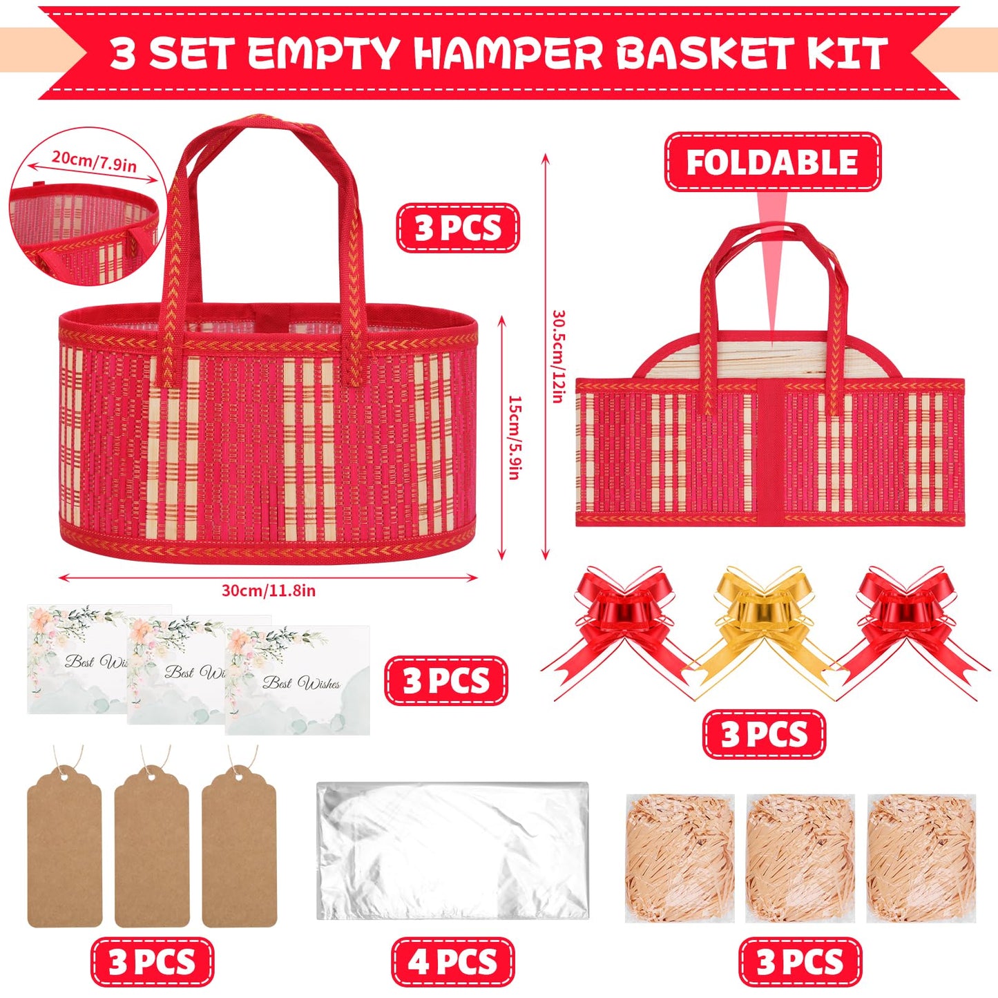 SelfTek 3 Pack Baskets for Gifts Empty, Woven Bamboo G-ift Basket Kit with Wrap Bags, Gift Card, Raffia and Pull Bows, Gifts Baskets for Birthday, Wedding, 30 x 20 x 15 cm-Red