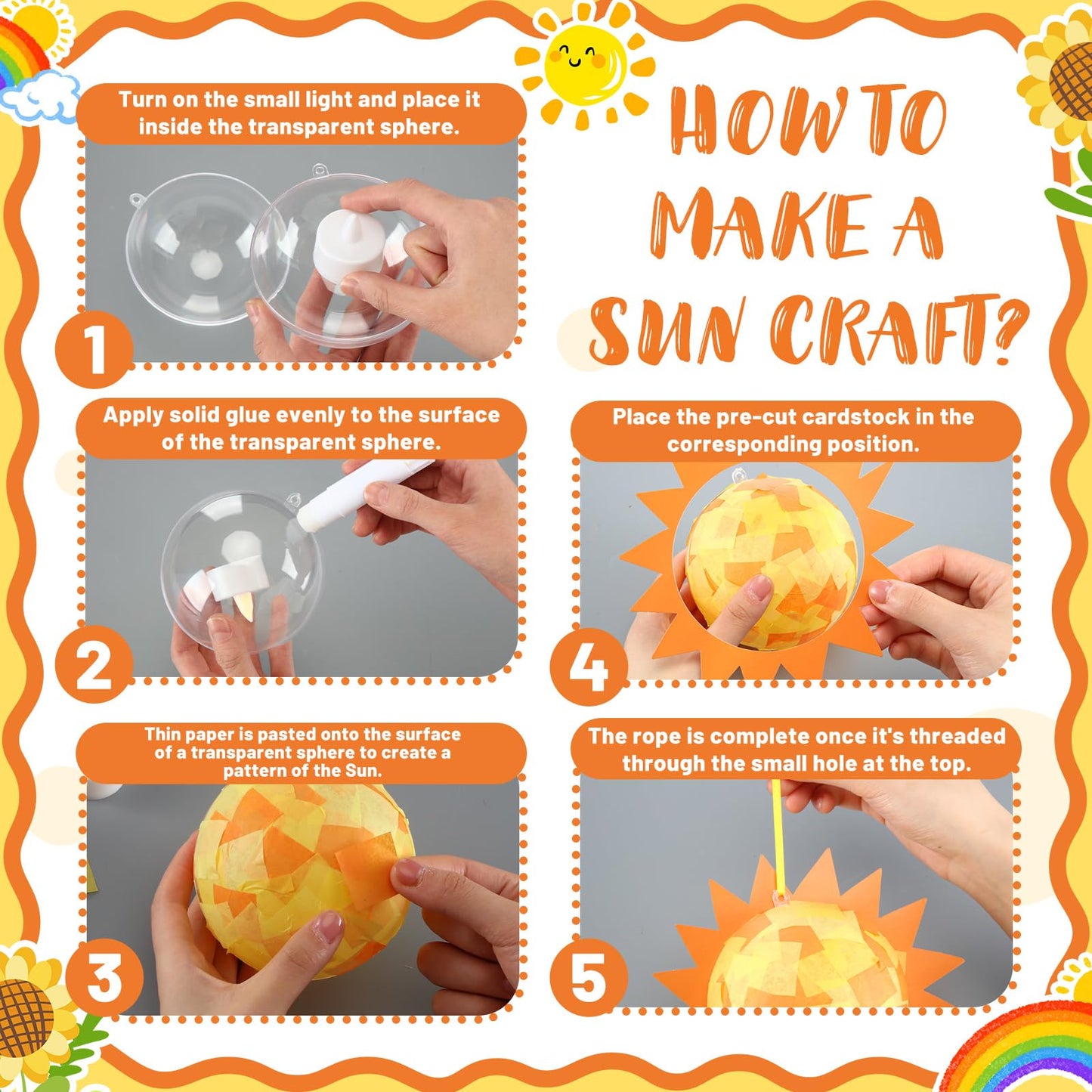 Simgoing 12 Set Sun Craft Kits with LED Candlelight Gold Sun DIY Art Tissue Paper Craft Summer Hanging Ornaments 3D Suncatcher Decoration for Summer Home School Classroom Party Decoration Art Activity