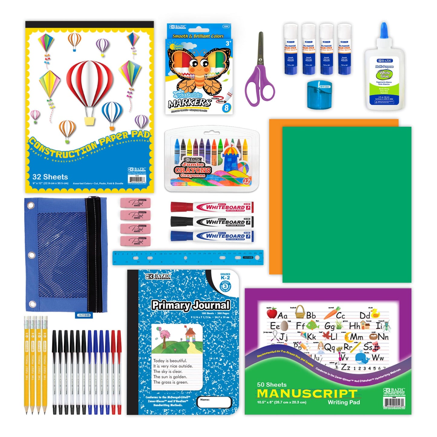 BAZIC PRODUCTS Primary School Supply Kit, 57-count Student Set for Kindergarten and Elementary Students Grades K–6, Complete School Supplies With Fully Organized Supply Box, 1-pack