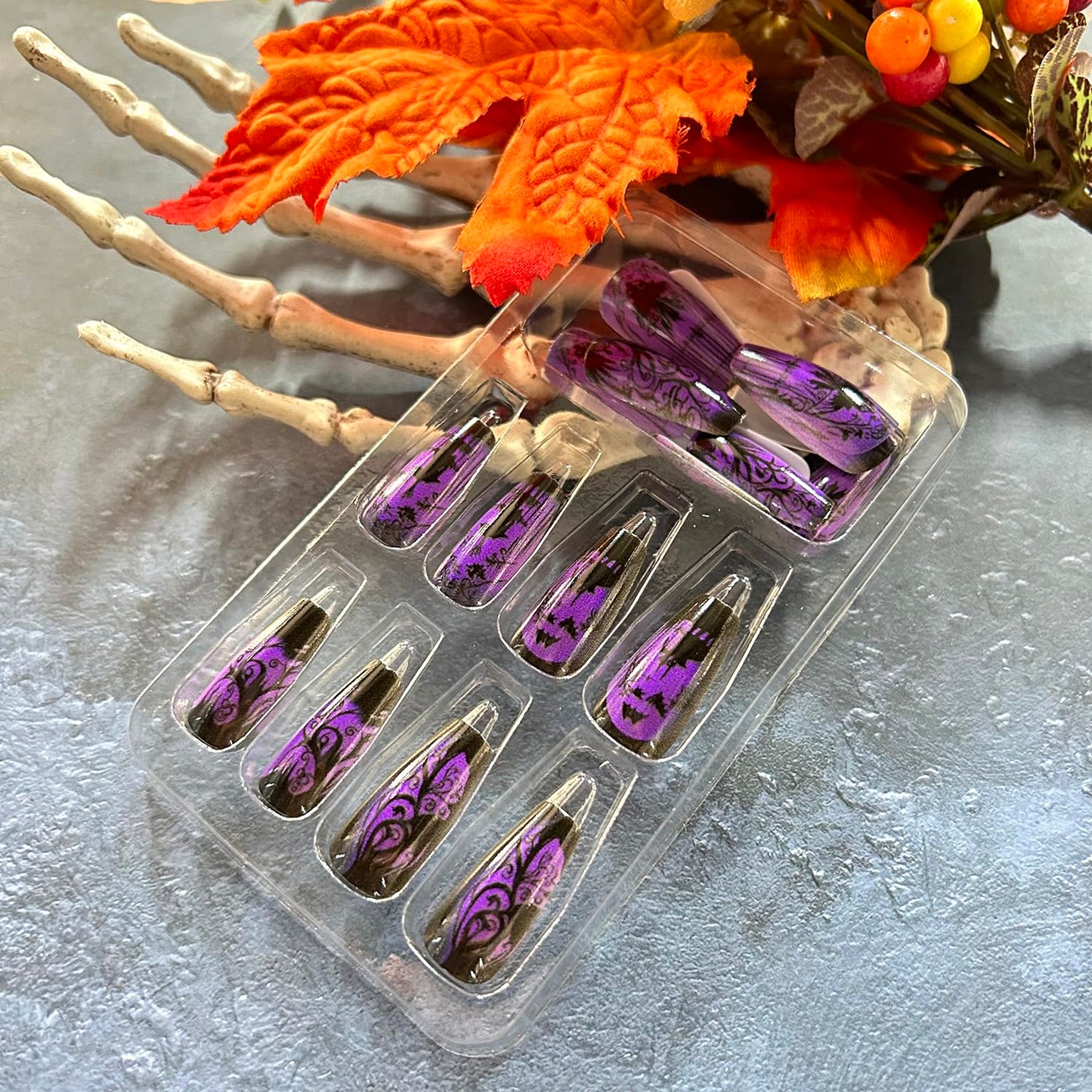 Purple Halloween Press on Nails Medium Ballet Shaped Bat False Nails Full Cover Artificial Acrylic Fingernails Jungle Castle Design Halloween Nail Glossy Festivla Glue on Nails for Women Supplies