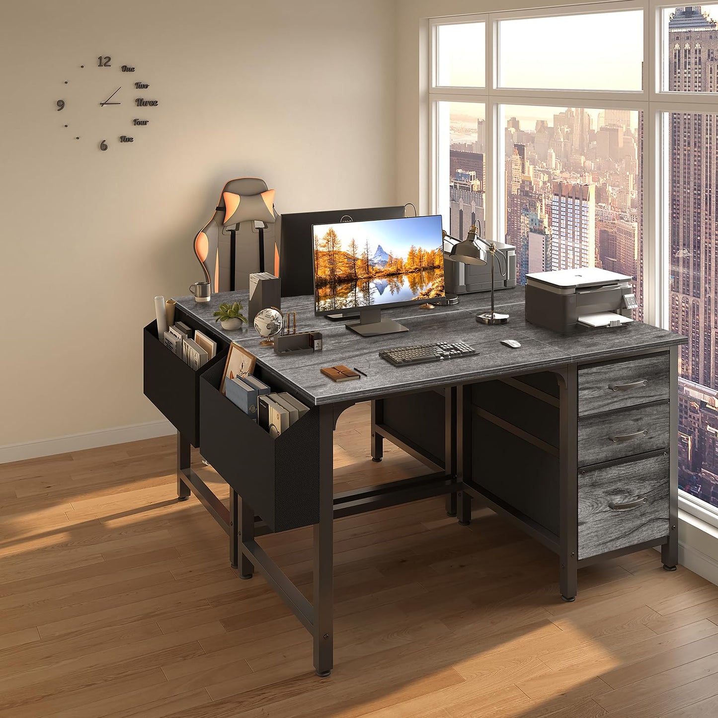 Lufeiya Computer Desk with File Drawers Cabinet, 47 Inch Home Office Desks with Filing Cabinet for Small Space, Gaming Study Writing Table PC Desks, Gray