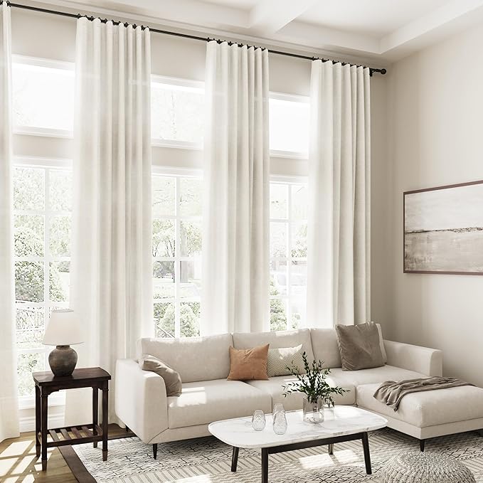 Cream Linen Curtains 115 Inches Long 2 Panels Set for Living Room Extra Long Back Tab Curtains Neutral Farmhouse Light Filtering Semi Sheer Linen Drapes Ceiling to Floor for Large Window 52x115