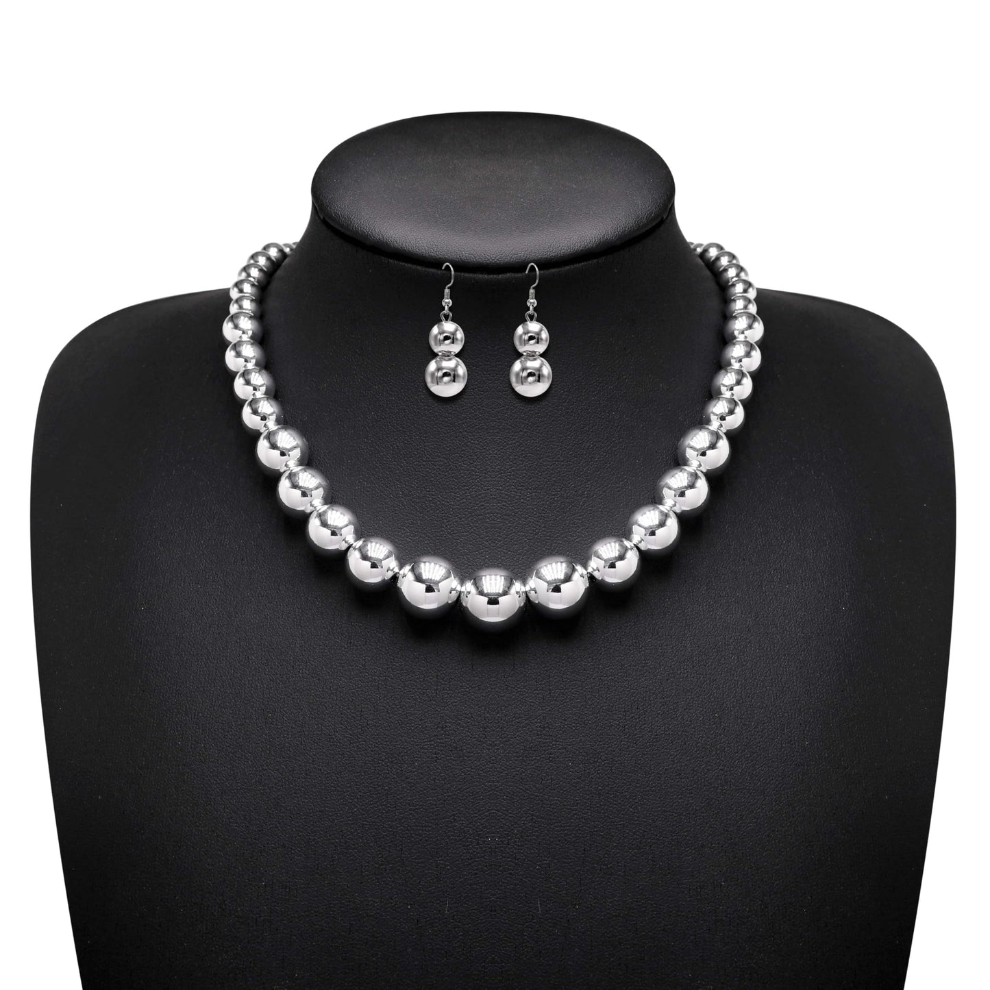 Cryshimmer Silver Bead Choker Necklace for Women Handmade Big Beaded Ball Necklace Earring Set Costume Jewelry (Silver Plated)