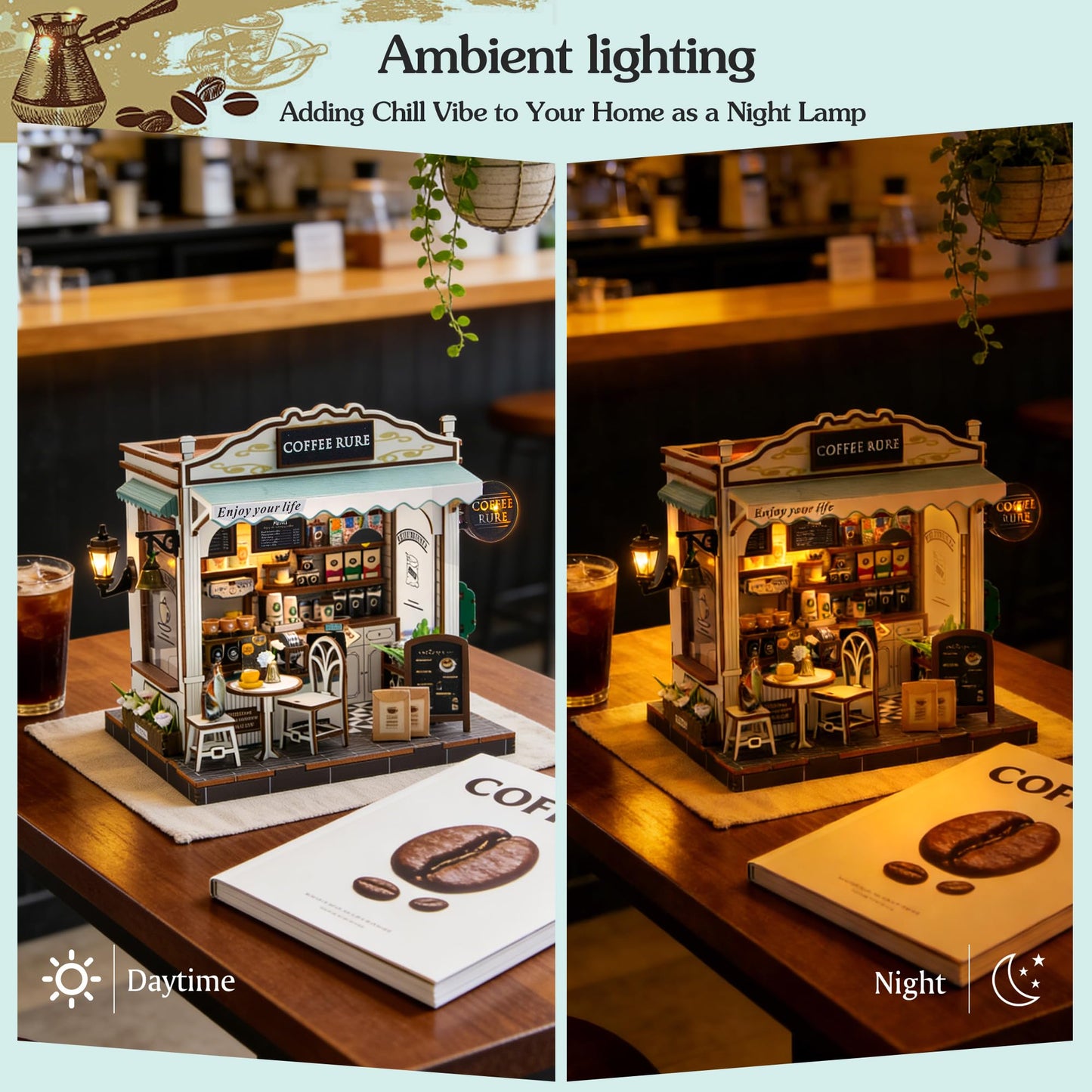 Soothee DIY Miniature House Kit, DIY Book Nook with LED Light | 3D Puzzles for Adults and Teens, Tiny House Building Kits for Bookshelf Decor, Relaxing Gift for Craft Lovers | Cafe Rure