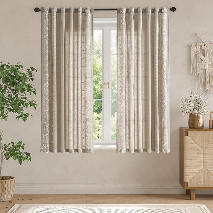 jinchan Winslow Linen Curtains for Bedroom 63 Inches Length Embroidered Bordered Floral Curtains for Living Room Farmhouse Decor Light Filtering Window Treatments Ivory on Taupe Drapes 2 Panels
