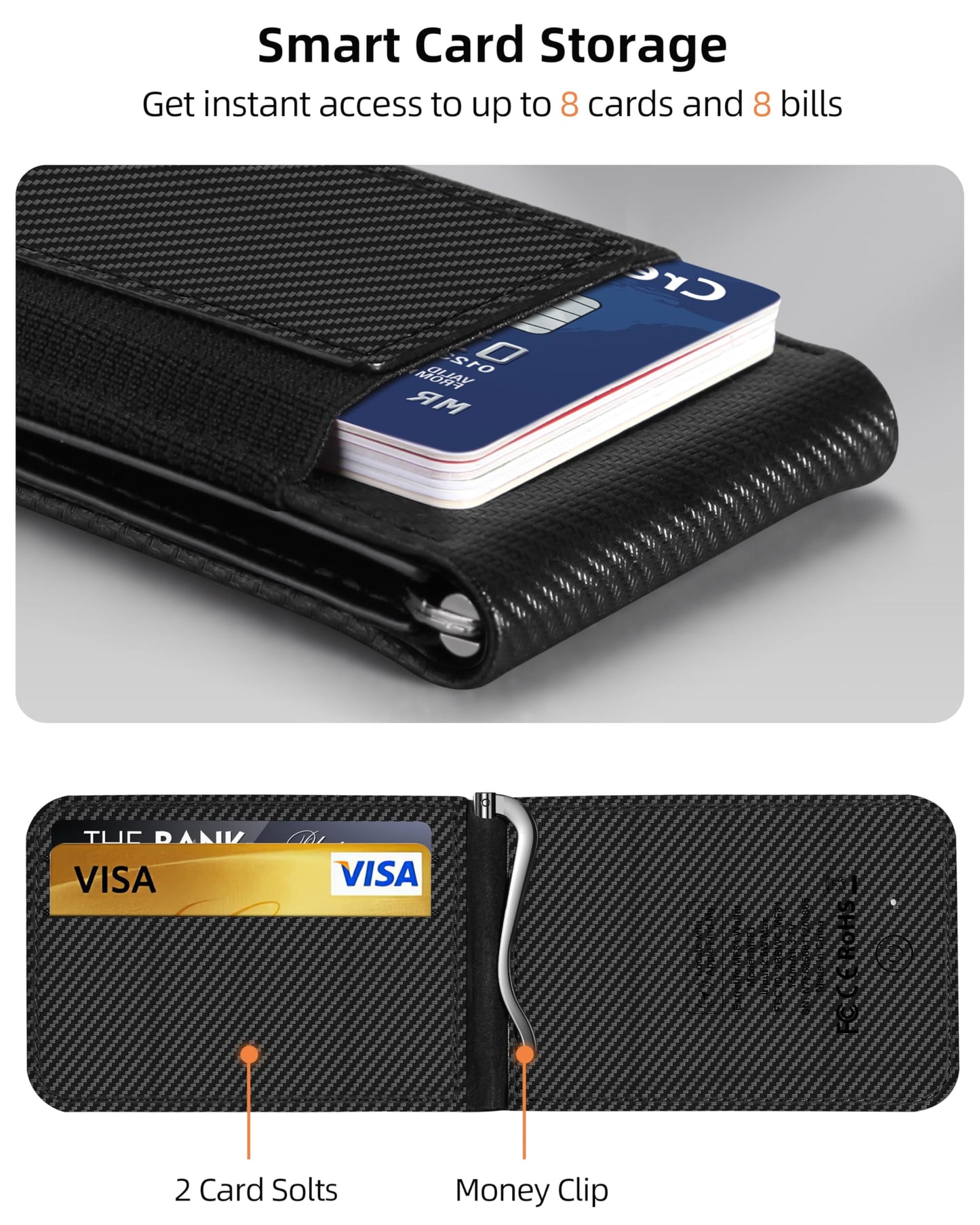 ExtreLife MagSafe Wallet with Money Clip, Work with Apple Find My, Magnetic Phone Wallet Stand for iPhone 17/16/15/14/13/12 Series, 8 Card Holder, RFID Blocking, Rechargeable, Carbon Fiber Black