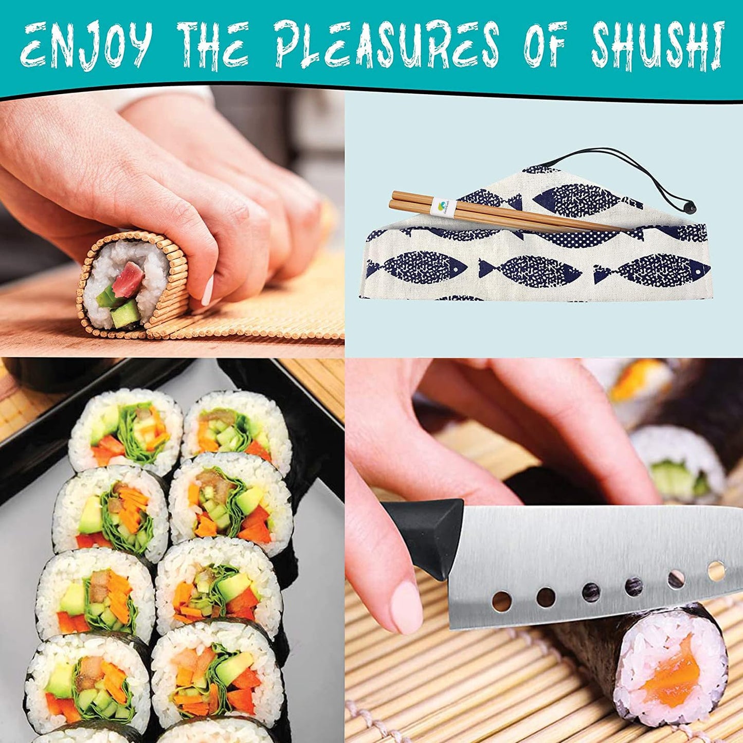 SmileTools Sushi Making Kit, 22 in 1 Sushi Roller Sushi Maker Kit with Bamboo Sushi Rolling Mats, Bazooka, Chef's Knife, Chopsticks, Sauce Dishes, Rice Spreader, Avocado Slicer, Guide Book