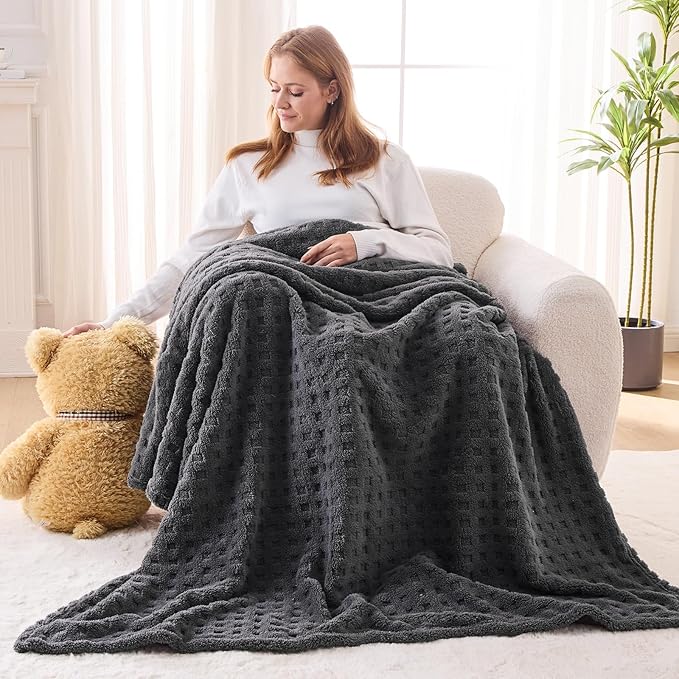 NEWCOSPLAY Super Soft Throw Blanket Grey Premium Silky Flannel Fleece 3D Waffle Checkered Lightweight Bed Blanket All Season Use (Dark Grey, Throw(50"x70"))
