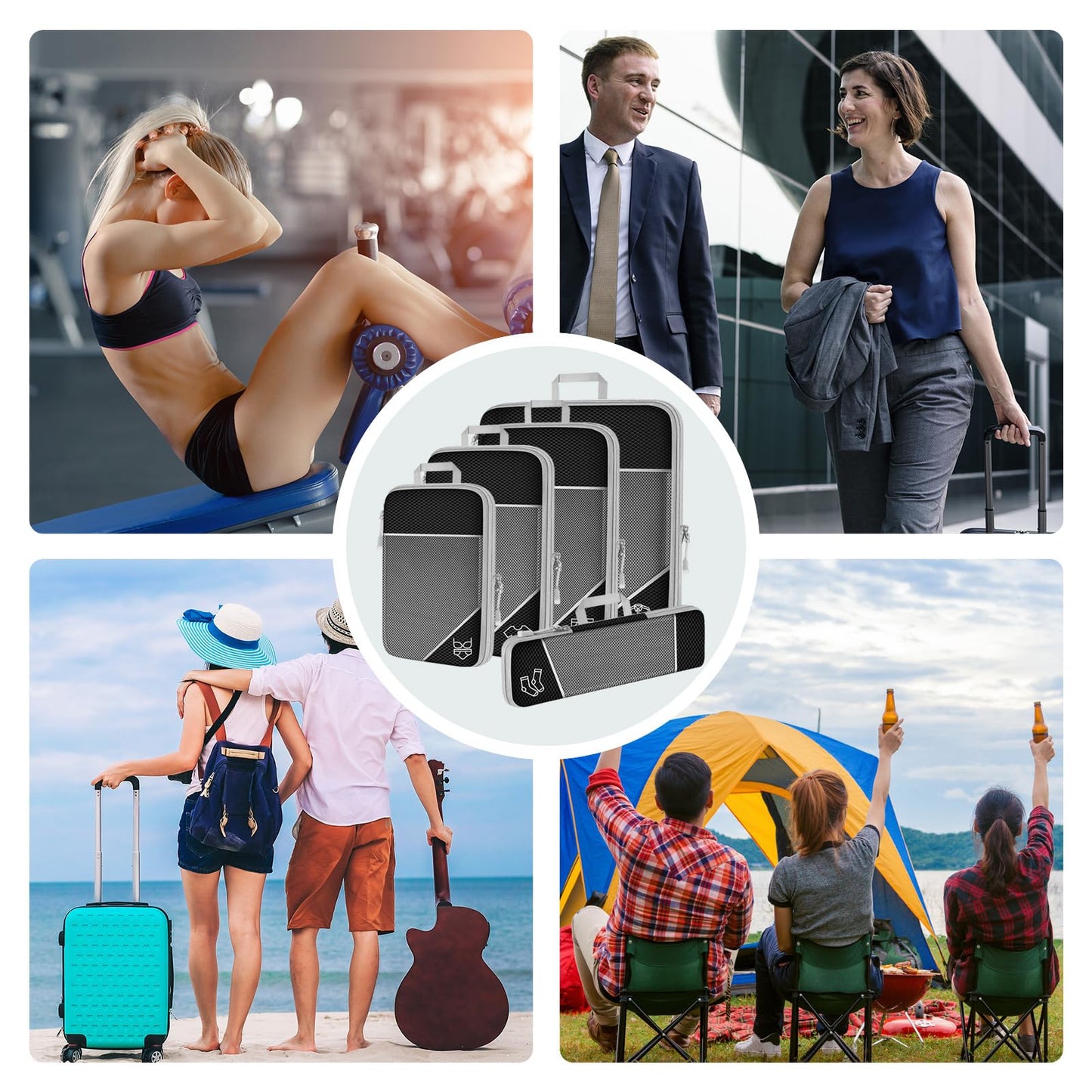 NiHome 7PCS Compression Packing Cube Set Expandable Mesh Travel Bag Luggage Organizers with Electronic Cable Cord Charger Organizer Drawstring Bag for Trip Home Storage Travel Gear Accessories (Black)