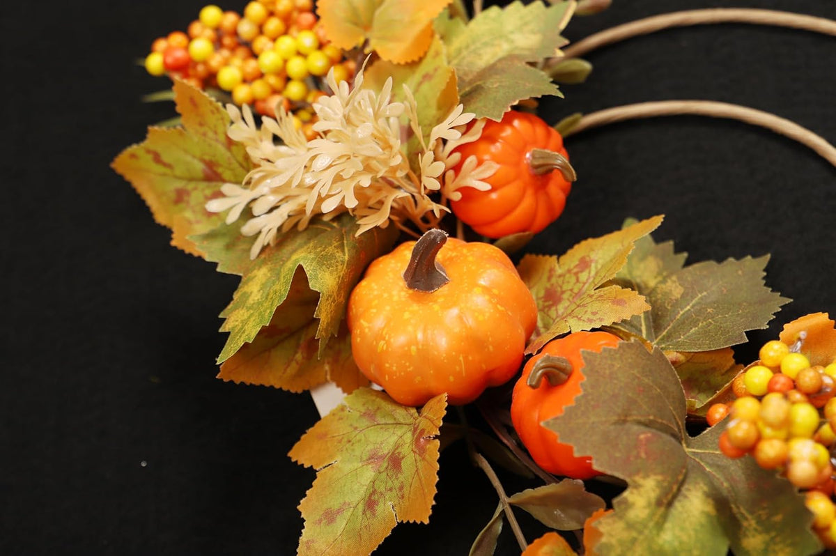 Fall Wreaths for Front Door, Autumn Wreath with Pumpkins, Berries and Leaves for Indoor Outdoor Porch Thanksgiving Farmhouse Harvest Halloween Home Décor (Orange Pumpkin)