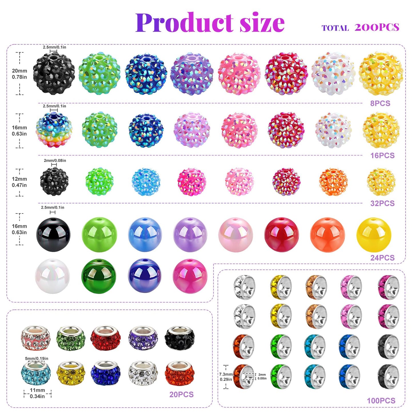 Funtopia Beads for Pens Keychains, 200pcs Bubblegum Focal Beads for Beadable Pens, 12mm 16mm 20mm Rainbow Acrylic Chunky Beads with Rhinestone Rondelle Spacer Bead for DIY Craft Making Supplies