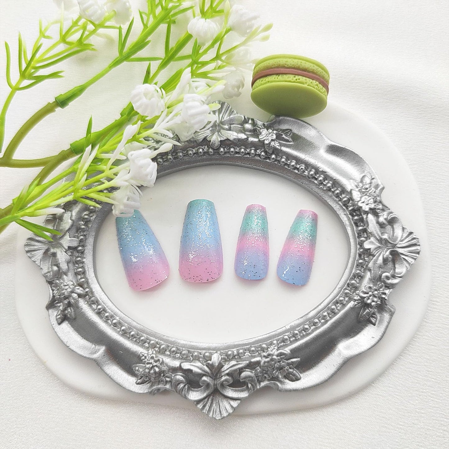FOLONRAL Coffin Press on Nails Medium Fake Nails Colorful Gradient Nails Press ons Glitter Glue on Nails Cute False Nails Full Cover Artificial Stick on Nails for Women 24Pcs, pink bluegreen