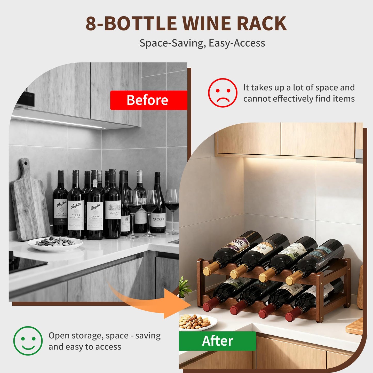CAMOAT Wine Rack |Open & 2-Tier Bamboo Wine Holder| Freestanding Floor & Countertop Wine Display-Space-Saving Wooden Wine Storage Shelf for Kitchen, Cabinets,Bar & Dining Room(1, 2-Tiers)