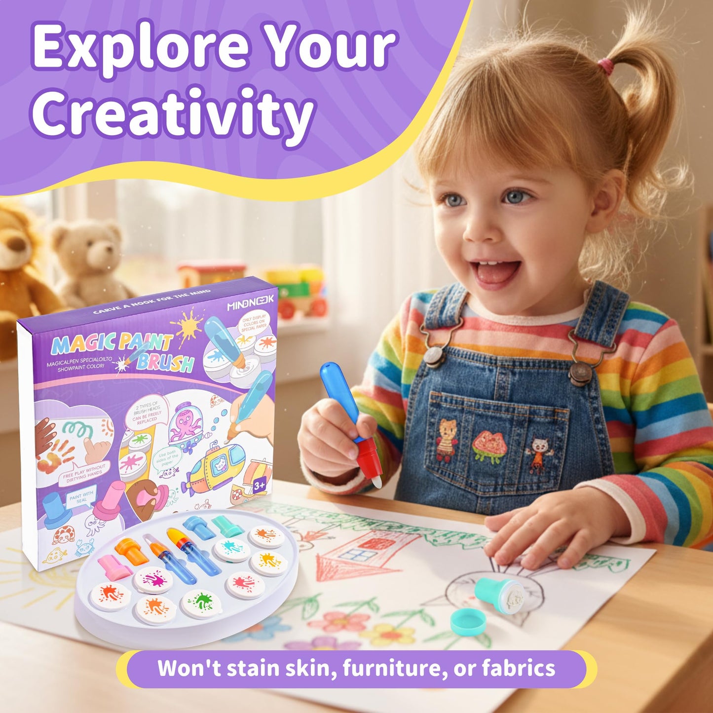MINDNOOK Magic Brush Painting Set for Kids, Mess Free Art Station with Color-Changing Brush for Creative Learning at Home & School, Gift for Toddlers Ages 3,4,5,6,7,8,9