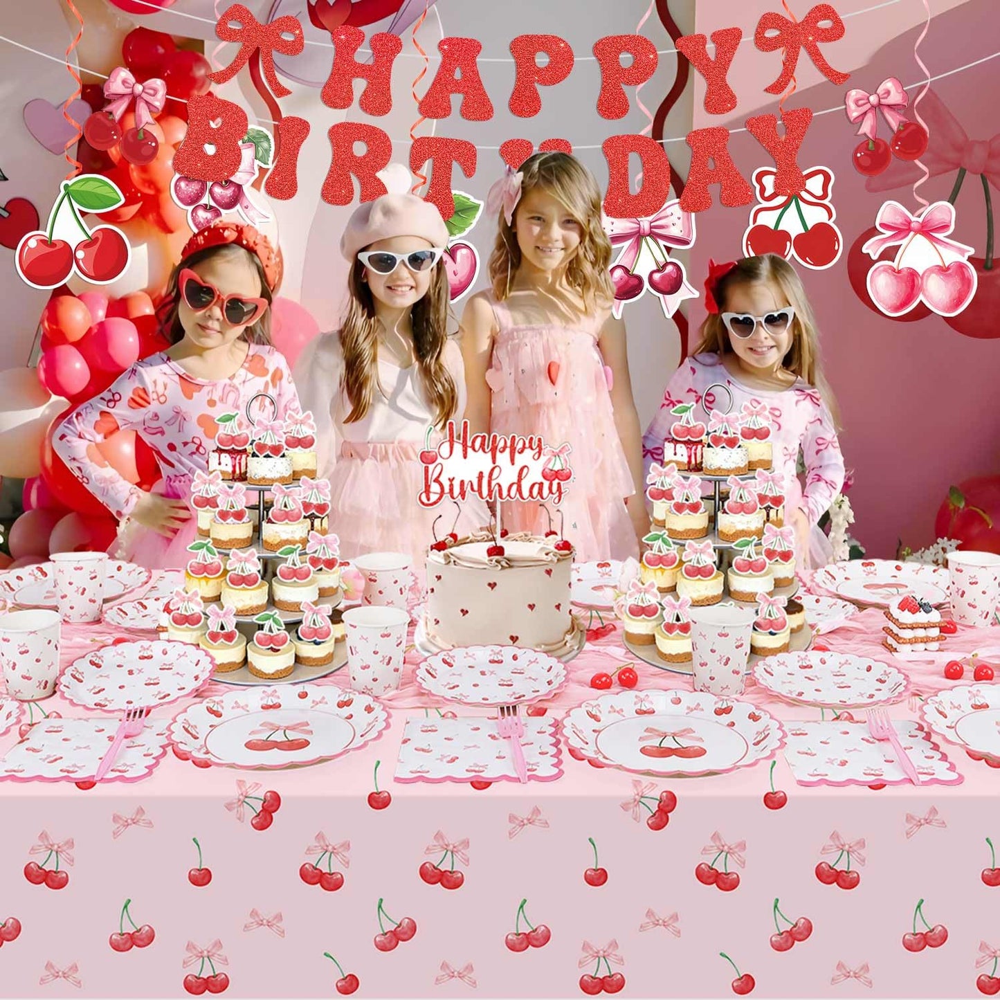 Cherry Birthday Decorations, 182Pcs Cherry Plates Napkins Cups Forks Tablecloth Banner Hanging Swirls Cupcake Toppers and Ballons for Cherries Themed Party Decorations