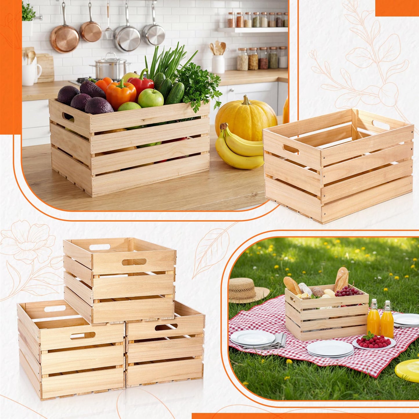 Weysat 3 Pack Large Wood Crates Box for Storage 24 x 15 x 12 inch Unassembled Wooden Milk Crates with Handle Decorative Nesting Box for Display Rustic Decor DIY Office Home Retail Art Craft (Wood)