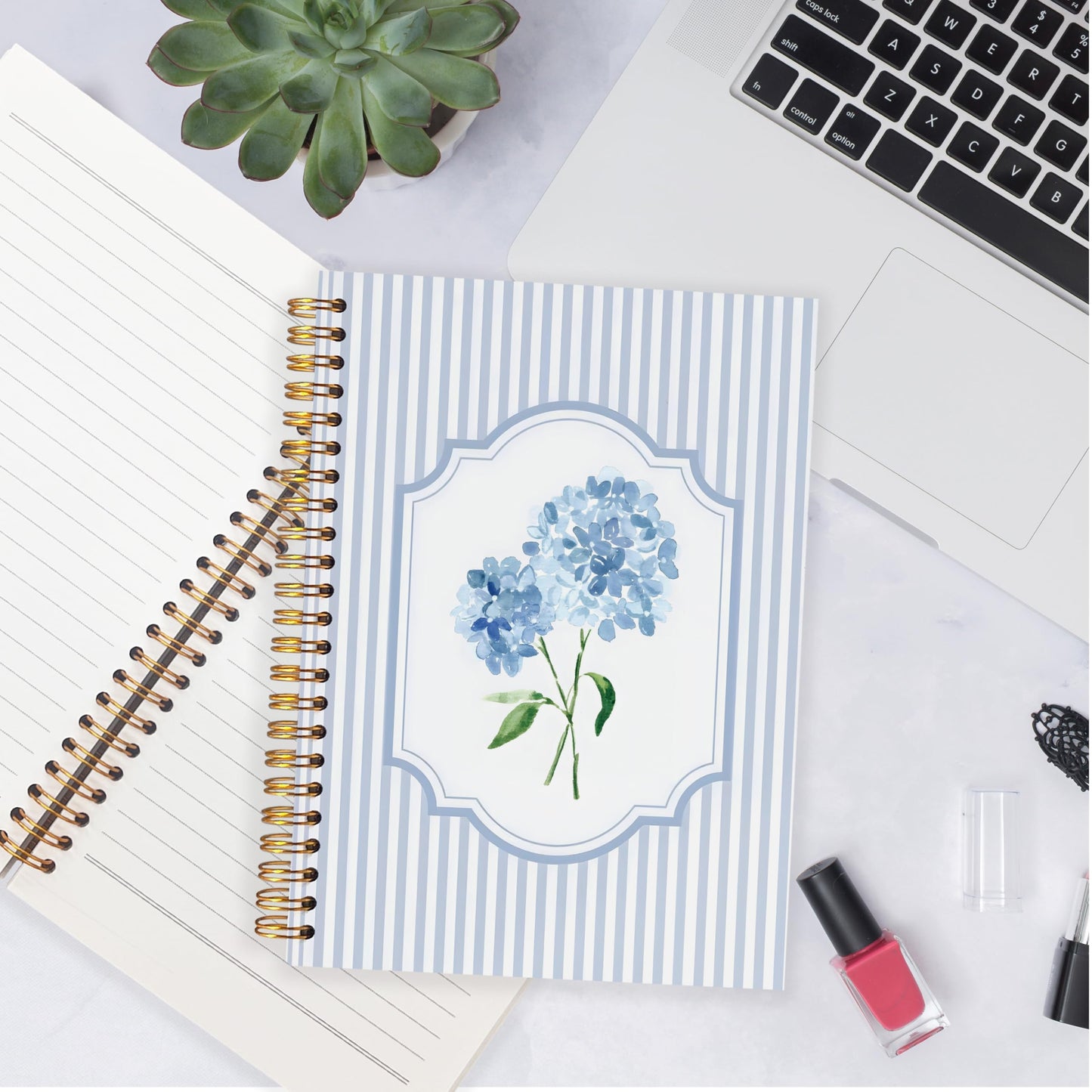 ignytiger Blue Hydrangea Notebook Journal, Hydrangea Gifts, Cute Blue and White Stripes Girly Floral Journal Spiral Notebook Aesthetic Office Supplies, 5.5x8.3 Inch