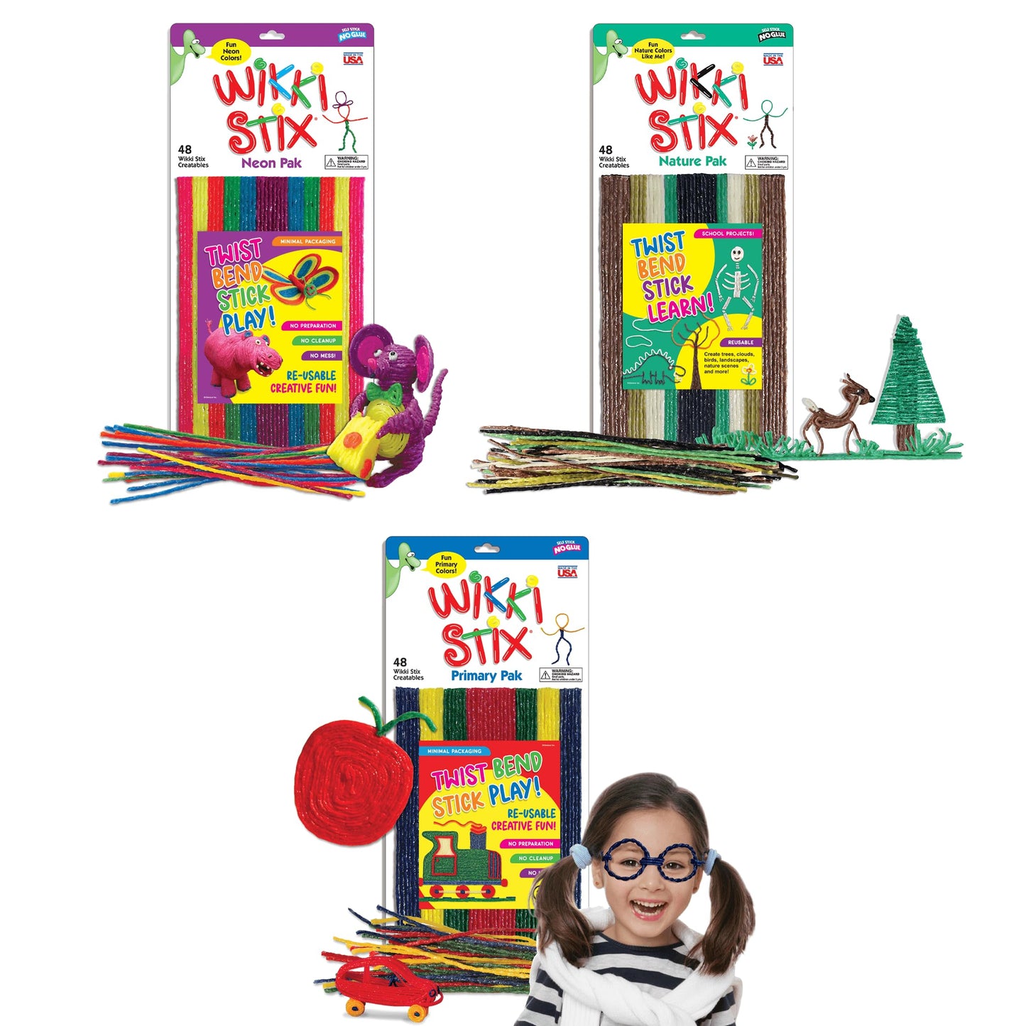 Arts and Crafts for Kids Triple Play Pack, Non-Toxic, Waxed Yarn, Fidget Toy, Reusable Molding and Sculpting Playset, American Made by Wikki Stix, 3 Color Sets, 144 Count
