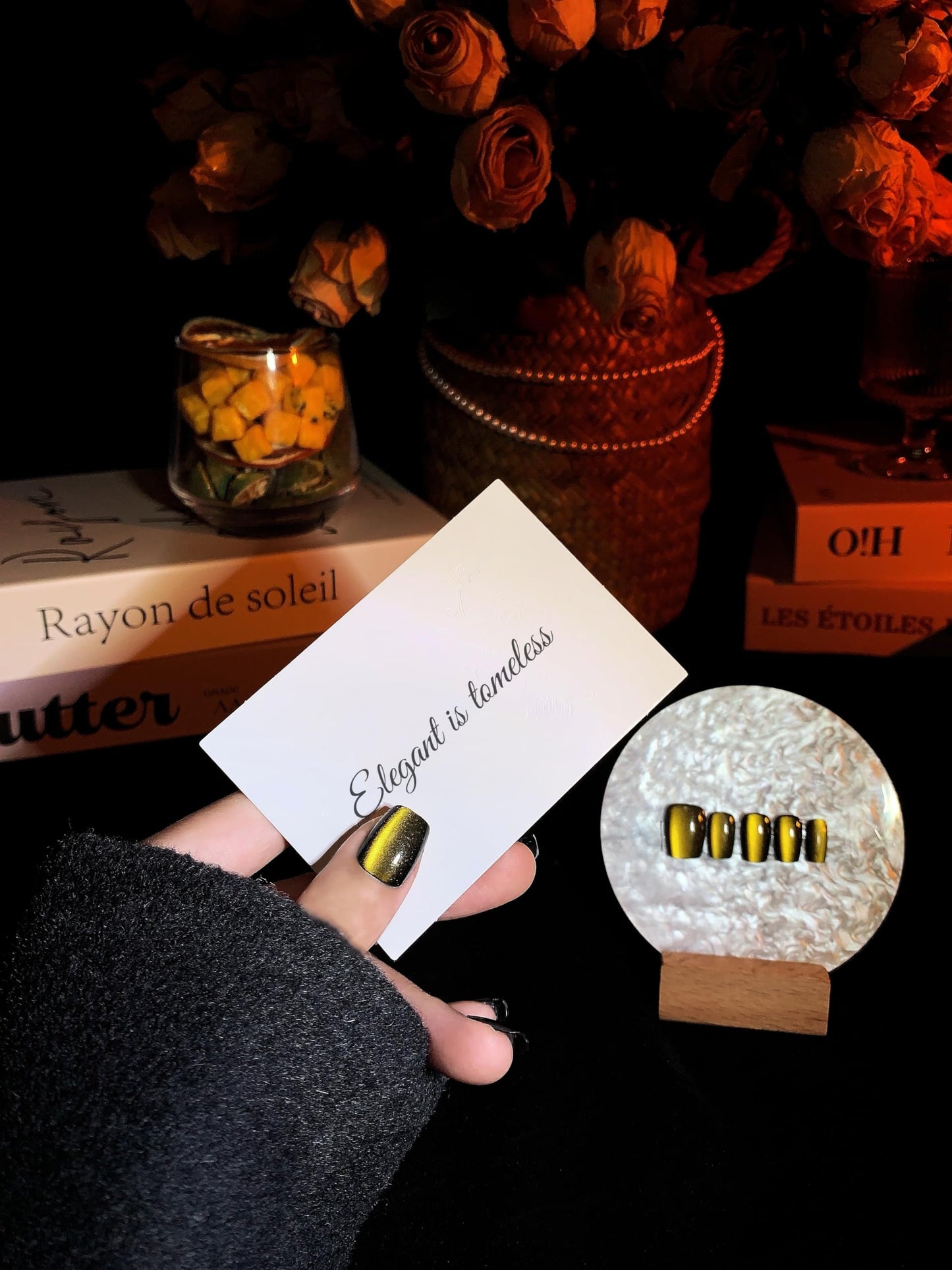 Incantevole Cat's Eye Press On Nails (30PCS； SIZE：XS-S-M), Short Square Fake Nails (Black Gold), Handmade Nails, Elegant False Nail Tips