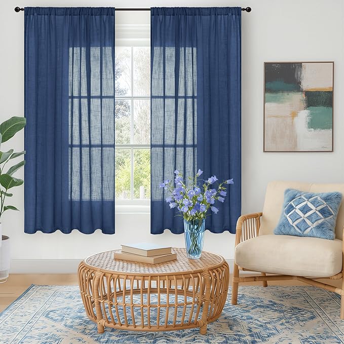 BGment Navy Blue Linen Curtains 63 Inch Length for Living Room, Semi Sheer Window Drapes Light Filtering Decor with Rod Pocket Lightweight for Dining Room Bedroom, 2 Panels Set, Each 52 Inch Wide