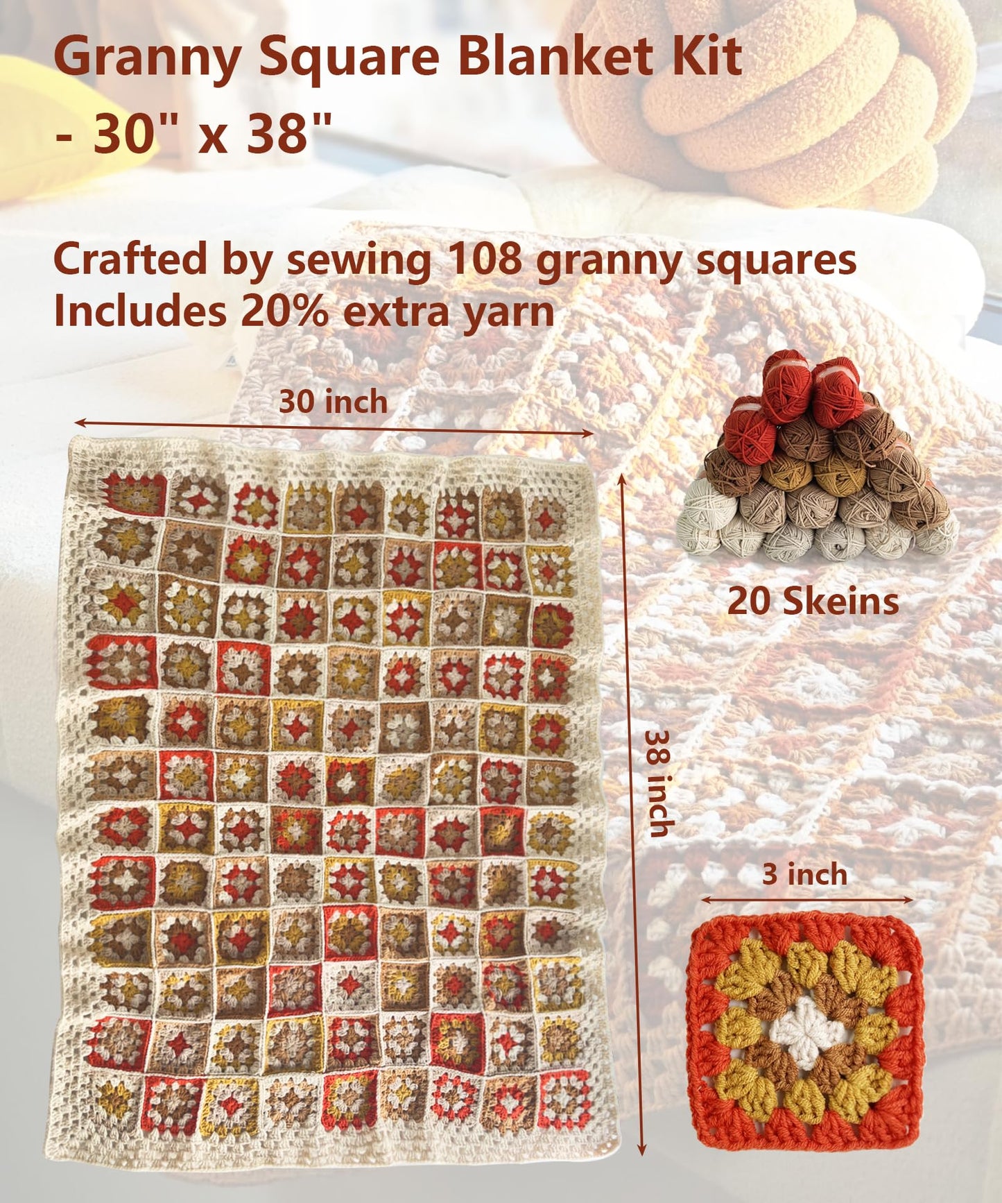 Kitcroet Crochet Kit, Complete Starter Kit for Beginners, Large Granny Squares Blanket with Video & Writtern Instructions, Easy to Learn Crochet Kit