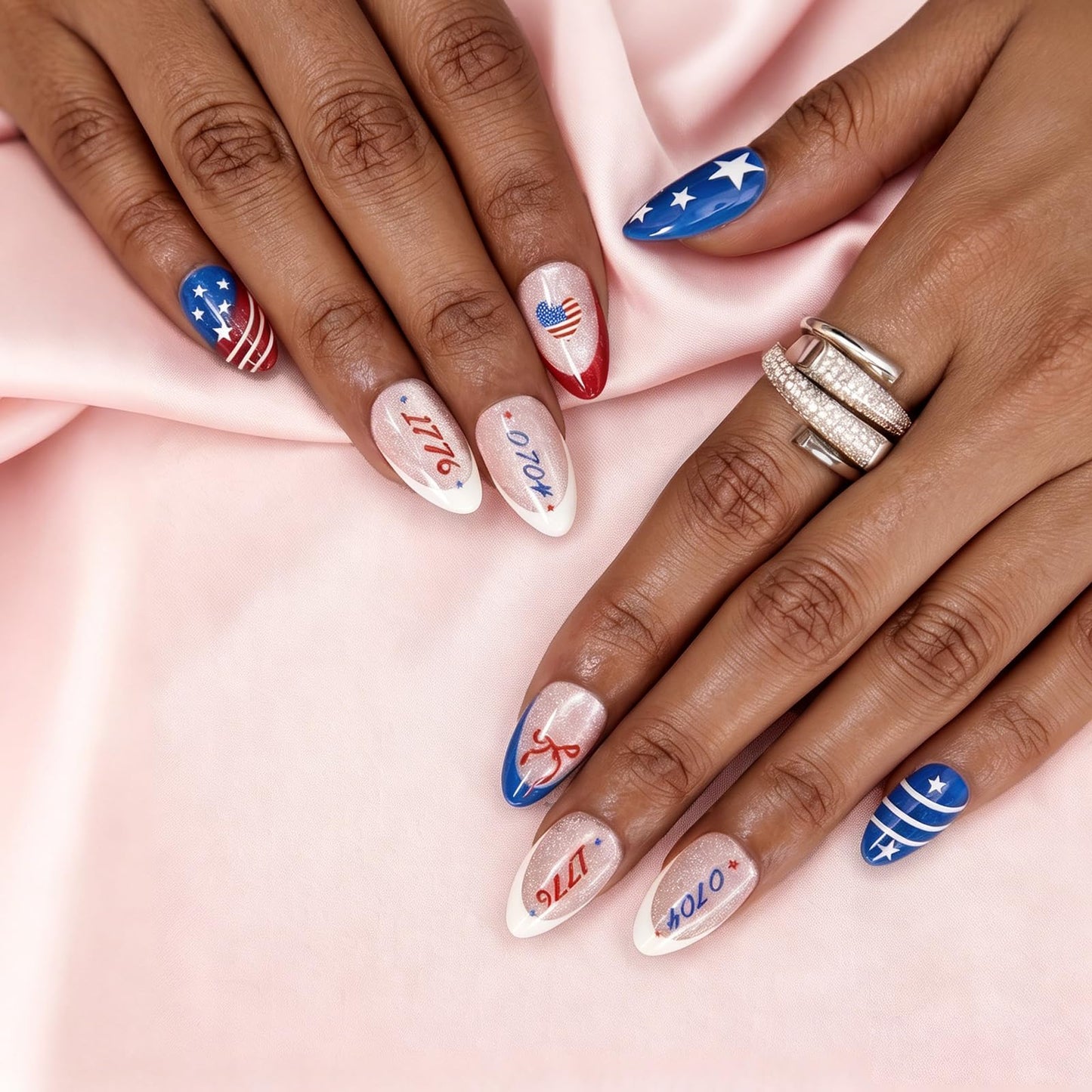 SKUPHI 4th of July Press On Nails, Short Almond Cat Eye Pearl Gloss Finish, Salon Quality Handmade Reusable Stick On False Nails 32 Nail Kit-16 Sizes