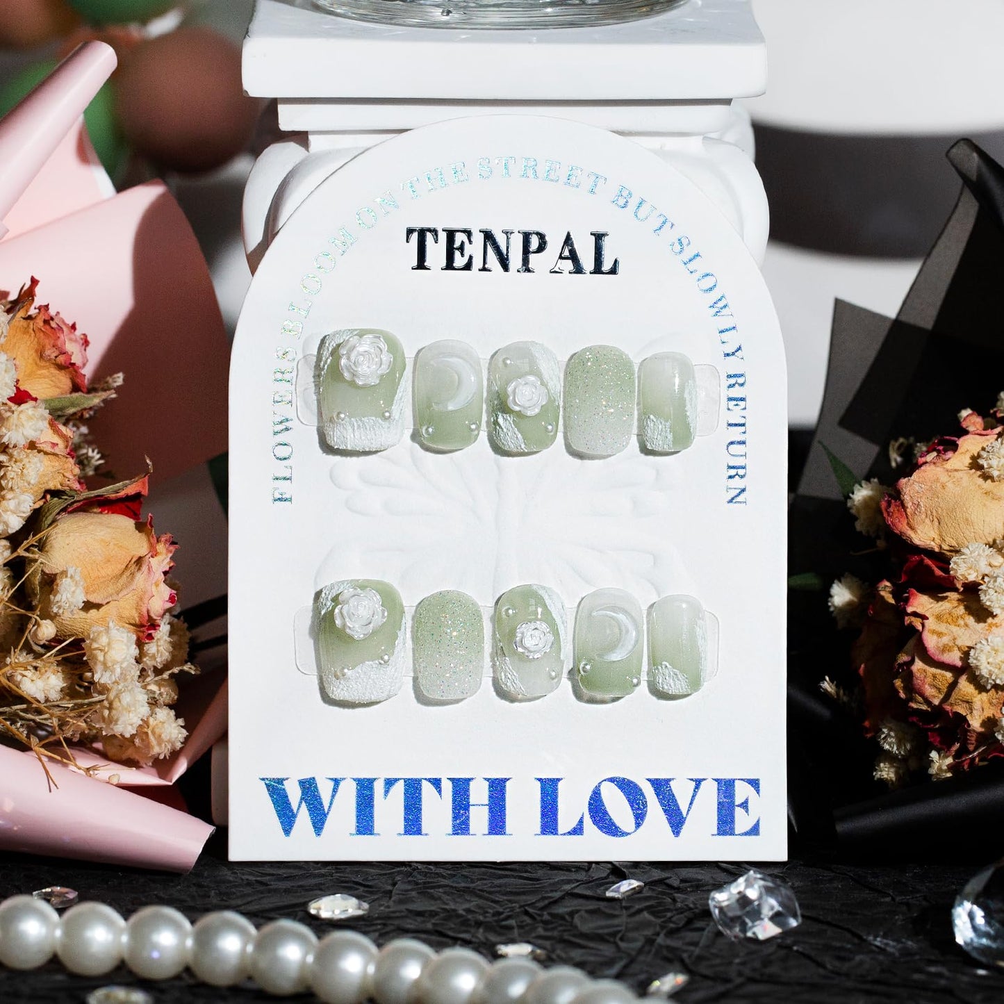TENPAL Matte Gypsum Green Nails Handmade Press on Nails Short Square Acrylic Fake Nails with Camellia Moon Designs 10pcs/box Full Cover Artificial False Nails Sweet Cute Glue on Nails(M)
