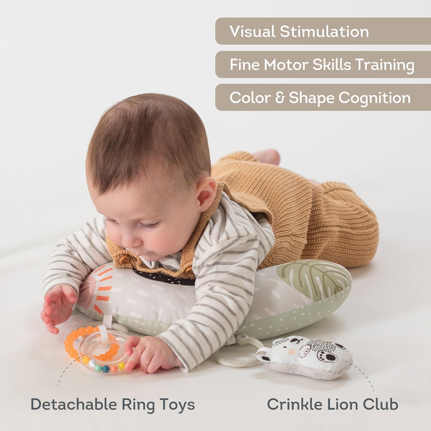 Taf Toys Ergonomic Tummy Time Support Toy with Teether and Rattle - Soft and Supportive Baby Toy for Enhanced Motor Skills Development