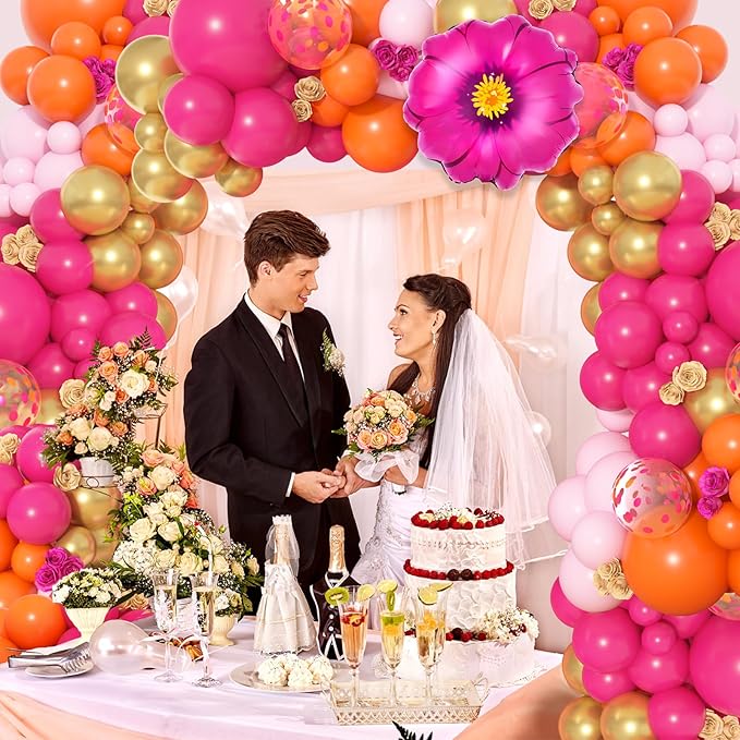 Ouddy Life 175Pcs Hot Pink and Orange Balloons Arch Garland Kit, Pink and Orange Party Decorations with Gold Balloons Foil Flowers for Women Wedding Bridal Tropical Bachelorette Birthday Decor, Large