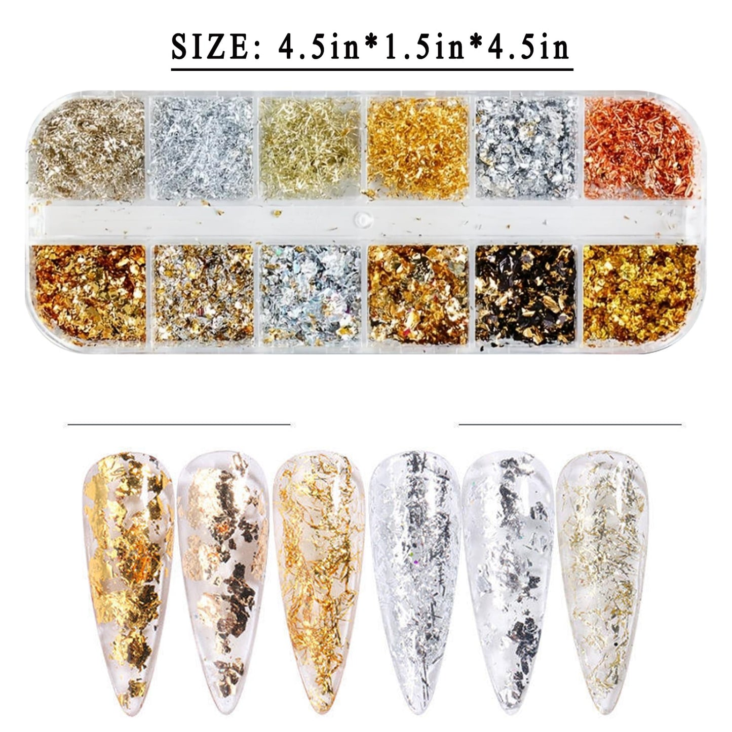 12 Grids Holographic Nail Glitter Gold Foils for Kit Sparkly Ultra-Thin Aluminum Foil Nail Art Flakes Designs Irregular Foil 3D Glitter Foil Sequins for Women DIY Manicure Charms Decorations