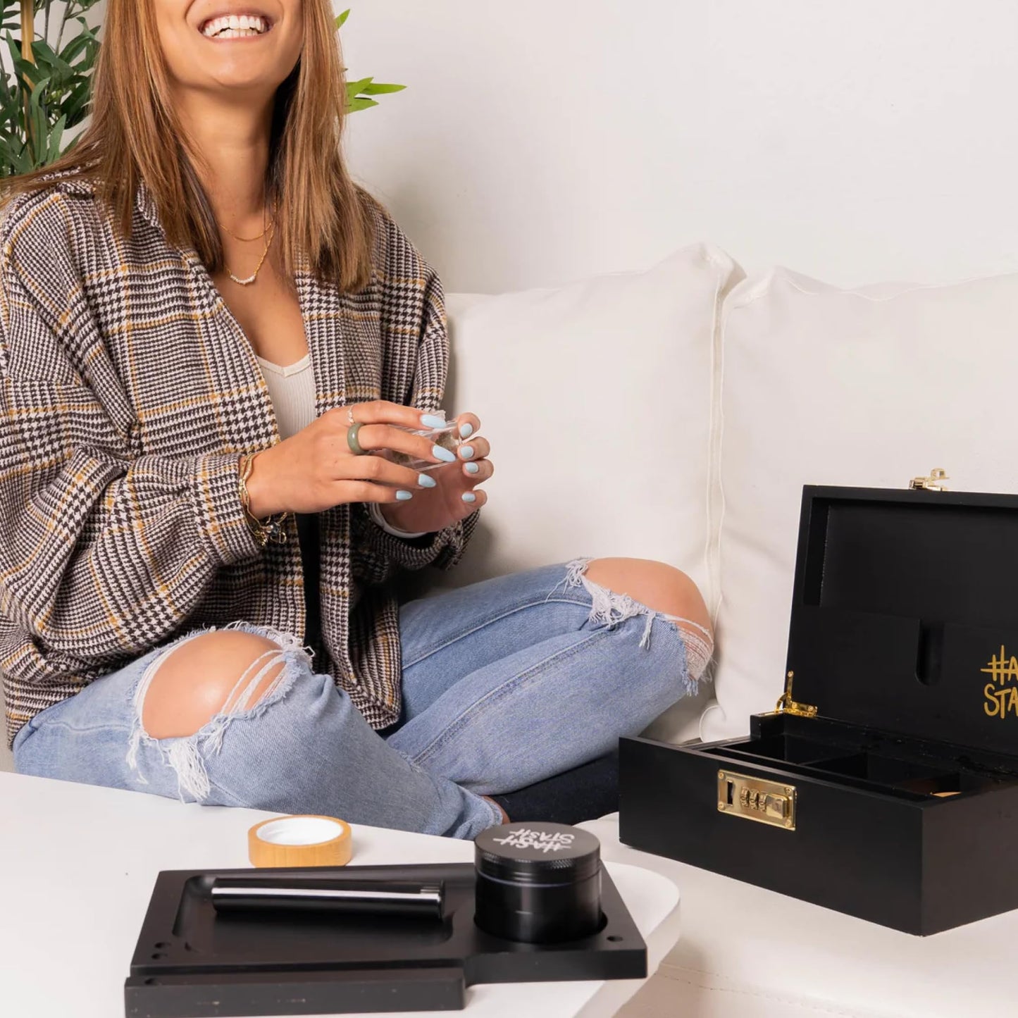 HASHSTASH The OG Storage Box - Large Bamboo Box with Combination Lock, Magnetic Lid, Organizer Tray, Airtight Tube and 3 Jars - Discreet Decorative Locking Wooden Box with Accessories (Black/Gold)